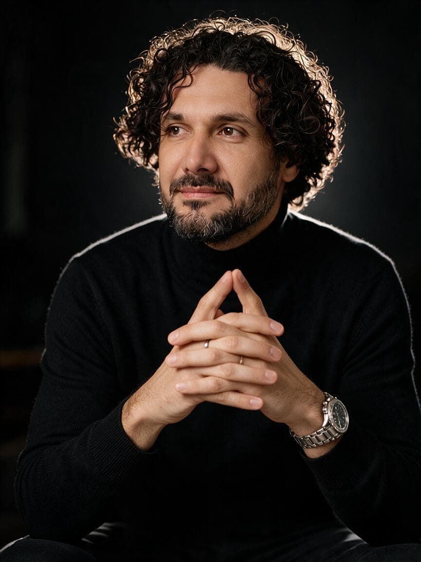 [image1]use uplouded image as only teference for identify and make A hyper-realistic cinematic portrait of a man with textured hair and a well-groomed stubble beard, captured in a dark, moody 'night mode' aesthetic. The man is sitting in a contemplative pose, hands clasped together near his chest, fingers interlaced, with his gaze directed thoughtfully off-camera to the left. He is wearing a premium black high-neck turtleneck sweater and a silver-link luxury wristwatch on his left wrist, with a simple band on his right ring finger. The lighting is dramatic and controlled: a soft rim light outlines his silhouette against an almost pitch-black, shadow-drenched background, while a subtle, soft key light illuminates his face and…