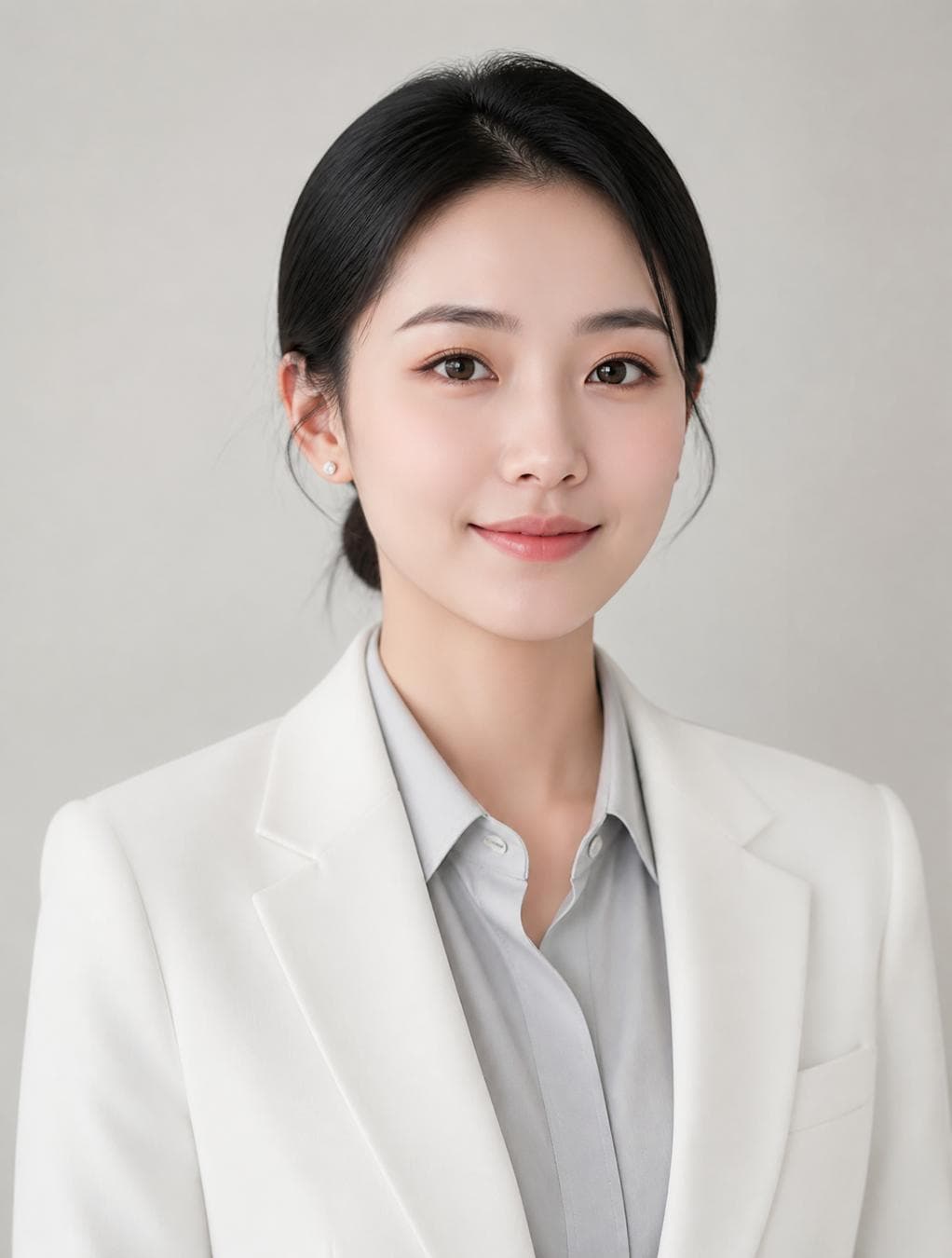 人物肖像照，正面，28岁东亚年轻女生，28岁亚洲女性职业肖像，脸型偏圆，但是看起来偏瘦，乌黑低丸子头，佩戴简约白金耳钉（直径8mm）。五官特征：粉雾眉（#5A4A42渐变），杏仁眼带珠光浅棕眼影（Pantone 16-1225TPX），鼻梁高挺，MLBB裸粉唇釉（#F3C5C7）。着装为挺括白色西装外套（含5%弹性纤维），内搭灰调丝光衬衫（#D3D3D3）反向负面提示词（规避图中不存在的瑕疵）AI 假脸、建模 CG 脸、3D…