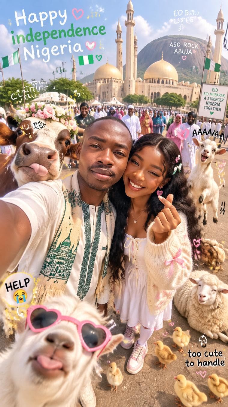 Ultra-realistic super cute chaotic Eid al-Adha selfie photograph in front of a dreamy pastel-toned grand mosque during bright sunny afternoon, featuring an adorable stylish young woman (face photo refference) taking a playful ultra-wide-angle smartphone selfie surrounded by funny wholesome animal chaos. The young woman wears a soft pastel cream oversized cardigan layered over a flowy white dress with cute ribbon details, paired with chunky pastel sneakers and tiny heart-shaped accessories. Her long dark hair flows softly in the wind with colorful mini hair clips and ribbon pins. She smiles brightly with sparkling eyes while making a tiny finger-heart pose toward the camera, giving soft bubbly “cute chaos” energy. Camera style: extreme fisheye selfie perspective, slight smartphone distortion, playful close-up framing, TikTok / Instagram selfie aesthetic, dynamic arm-reaching composition, candid chaotic energy. Surrounding her are adorable expressive farm animals: a fluffy baby goat wearing tiny pink sunglasses, a smiling cow with flower crown photobombing beside her, another baby goat jumping happily behind her, tiny chicks waddling around her feet, a sleepy sheep sitting adorably in foreground, and one goat trying to lick the camera lens. Background: beautiful giant House of Aso ROCK Abuja Nigeria with glowing cream domes and tall white minarets, soft pastel blue sky, warm fluffy clouds, busy Eid celebration crowd, cute wholesome festival atmosphere, people laughing and reacting in the background. Add playful cute doodles everywhere: tiny pastel hearts, sparkles, comic stars, handwritten texts like: “CUTIE CHAOS 🐐✨” “HELP 😭” “EID BESTIE” “too cute to handle” “AAAAA” small arrows pointing at funny animals, sticker-style smiley faces, pastel flower doodles, soft glitter effects…