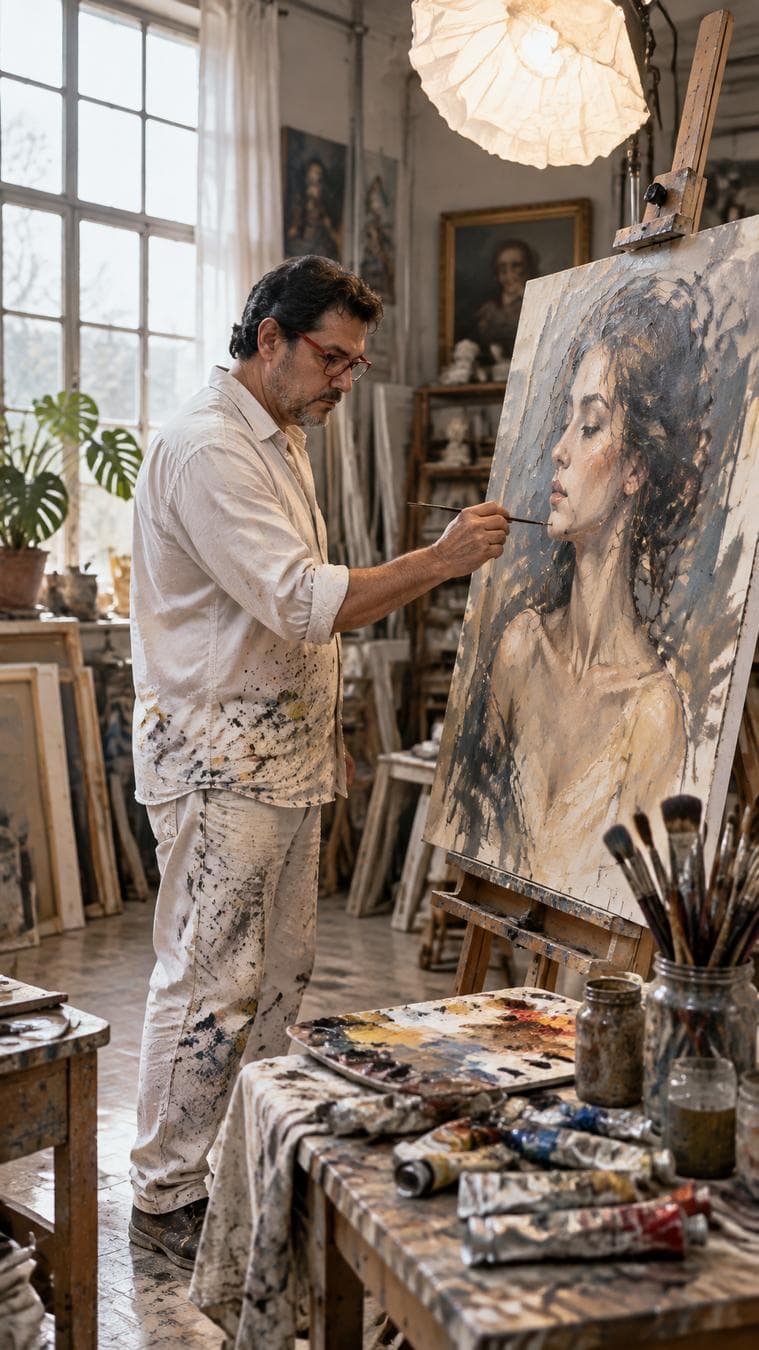 A middle-aged painter in a paint-stained white shirt and trousers stands at an easel, carefully applying fine brushwork to a luminous female portrait. Soft daylight pours through large translucent windows on the left, creating high-key backlighting, gentle rim highlights, and subdued interior shadows, while an oversized crinkled studio lamp adds a bright diffused glow above the canvas. Thick impasto, scraped pigment, and layered gray-beige brushstrokes define the unfinished painting; foreground tables are crowded with tubes, jars, palettes, and brushes bearing dried glossy residues. The intimate studio recedes through stacked canvases, ornate framed artworks, wooden floorboards, and hanging cords, producing rich depth with moderate atmospheric softness. *…