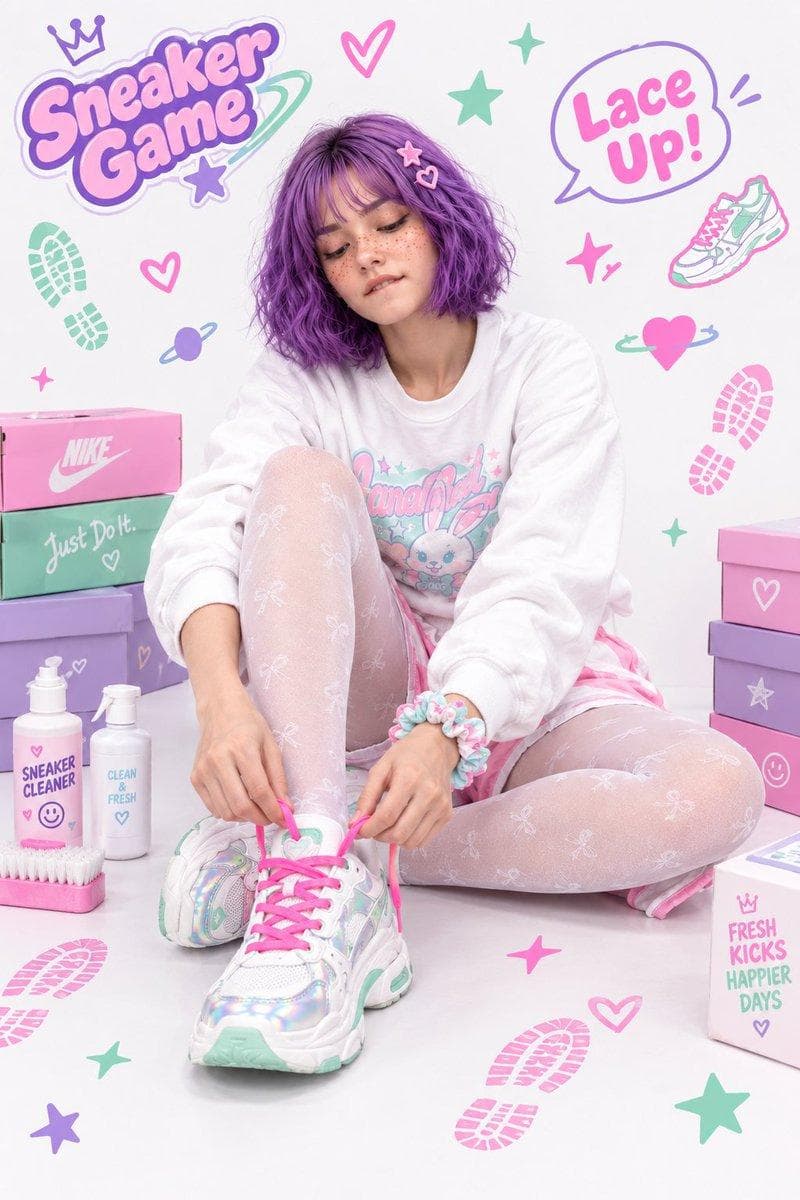 Create a high-quality full-body Y2K fashion editorial photograph of the same female character from the reference image. The character is sitting on a clean white studio floor in a relaxed, cute pose, leaning slightly forward while tying the bright neon-pink shoelaces of a chunky white sneaker. Her head is tilted slightly downward and she is looking at the shoe with a focused, gentle expression, subtly biting her lower lip in concentration. CHARACTER: - Young woman with short, wavy purple bob hair - Soft purple bangs framing the forehead - Cute pastel pink and purple hair clips - Natural fair skin with visible freckles across the cheeks and nose - Soft makeup, subtle eyeliner and natural pink lips - Keep the character's facial features, hairstyle, skin tone and overall identity consistent with the reference image OUTFIT: - Oversized white long-sleeved crew-neck sweatshirt - Cute colorful pastel Y2K graphic printed on the front - Matching white and pastel-pink shorts - Sheer white patterned tights with small cute bow motifs - Pastel ruffled scrunchie bracelet around the wrist - Chunky white sneakers with holographic/iridescent panels - Pastel mint-green accents on the sneakers - Bright vibrant neon-pink shoelaces POSE AND COMPOSITION: - Full-body composition - Sitting naturally on the floor - One leg bent upward and the other positioned comfortably to the side - Hands actively tying the pink shoelaces - One sneaker prominently visible in the foreground - Camera…