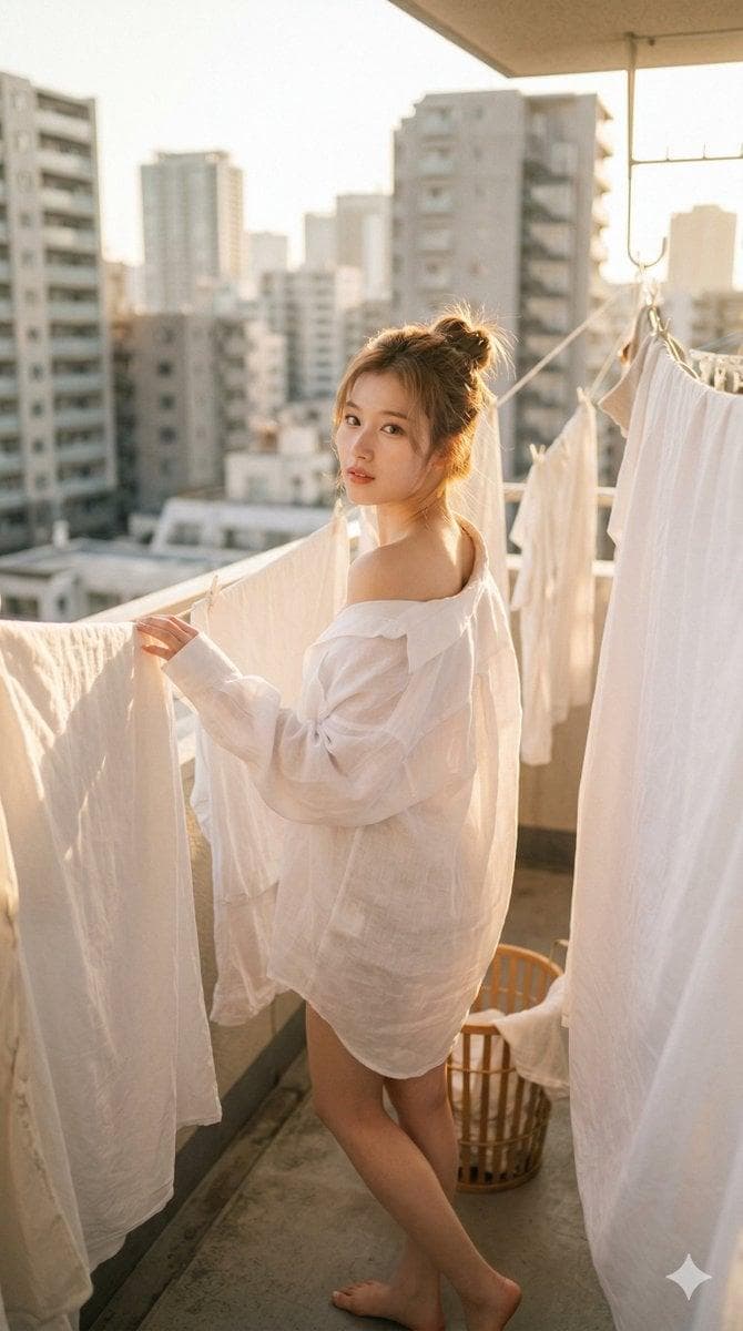 { "raw_prompt": "K-pop idol Sana (TWICE) posing on a sunlit balcony among hanging white laundry. She wears an oversized, sheer white button-down shirt slipping off one shoulder. Golden hour backlighting, soft skin textures, urban background, 8k resolution, cinematic lighting. --ar 9:16", "aspect_ratio": "9:16", "subjects": [ { "name": "Sana (TWICE)", "physical_features": "Soft brown hair in a loose bun, feline eyes, high nose bridge, fair glowing skin, subtle coral lip tint.", "outfit": { "garment": "Oversized, translucent white linen button-down shirt, draped open to reveal one shoulder.", "footwear": "Barefoot.", "accessories": "None." }, "pose_and_expression": "Side profile, looking back over shoulder with a soft, dreamy gaze. One hand gently touching hanging fabric." } ], "environment": "Apartment balcony with white sheets…
