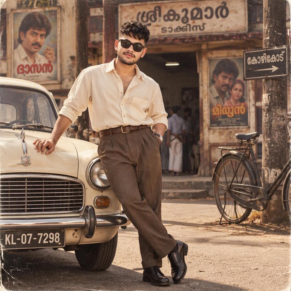 [image1] AI PromptA stylish young man maintaining exact facial structure, identity, and expression from the reference image without alteration, wearing black sunglasses, standing casually and leaning against the front of a vintage cream-colored classic car. He is looking directly toward the camera with a confident, calm expression. One hand rests casually on the car while the other is tucked into his trouser pocket, with one leg crossed over the other in a relaxed pose.He is wearing a slightly oversized off-white/cream button-down shirt with the top buttons open and slevees rolled up to the elbows, paired with high-waisted brown vintage trousers, a dark brown leather belt, and polished black formal shoes. A classic wristwatch is visible on his wrist.The setting is an old-fashioned street to building entrance in Kerala, India, with Malayalam signage, vintage movie posters on the walls, a parked bicycle, and the classic car in the foreground. The environment has an authentic 1980s/1990s Indian cinema aesthetic.Warm natural sunlight, mutted…