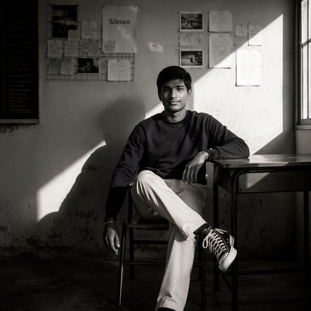 Create a high-contrast black and white portrait in a quiet classroom.Use uploaded image as reference. Person leans casually on a wooden school chair, legs crossed, wearing a navy blue sweatshirt, beige chinos, and black-and-white Converse sneakers. calm neutral expression. His left arm rests on the desk, his right hand drops casually to the side. Behind him, an off-white classroom wall with visible wear, pinned papers, photos, and sticky notes in a grid. One page clearly shows the printed word…