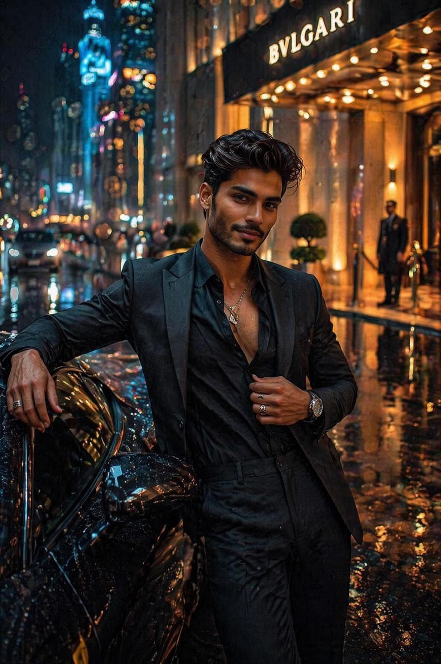 A striking South Asian male fashion model wearing a luxury black tailored suit with an open-collar silk shirt, layered silver jewelry, and a premium wristwatch. He is captured in a cinematic romantic editorial pose, casually leaning against an exotic supercar with one hand resting on the car roof while the other gently adjusts his blazer. His posture is relaxed yet confident, head slightly tilted, making direct eye contact with a subtle, charming smile that conveys quiet confidence and effortless elegance.Set in a futuristic luxury city at night with rain-soaked streets, glowing neon reflections, illuminated skyscrapers, and the softly blurred entrance of a five-star hotel in the background. The…