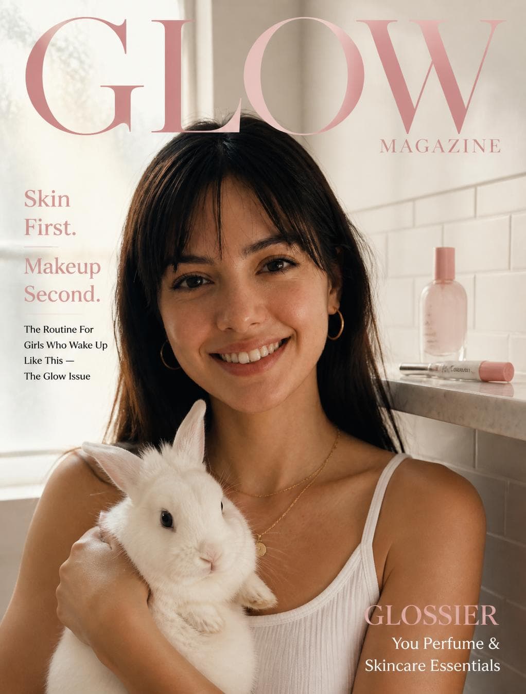 [SUBJECT]: A naturally beautiful girl with glowing no-makeup makeup skin in a white cotton tank top, holding a fluffy white rabbit against her chest, both looking softly into camera [COLORS]: Glossier millennial pink, clean white, warm ivory, soft peach [KEY PROP]: Glossier You perfume bottle, Boy Brow, and Cloud Paint blush arranged casually on a white marble bathroom shelf behind her [BACKGROUND]: Bright minimalist New York apartment bathroom, morning light flooding through a frosted window, white subway tiles [MOOD]: Effortless, dewy and real — Glossier campaign editorial, girl-next-door cinematic realism, authentic beauty [MAGAZINE NAME]: GLOW MAGAZINE [HEADLINE]: "Skin…