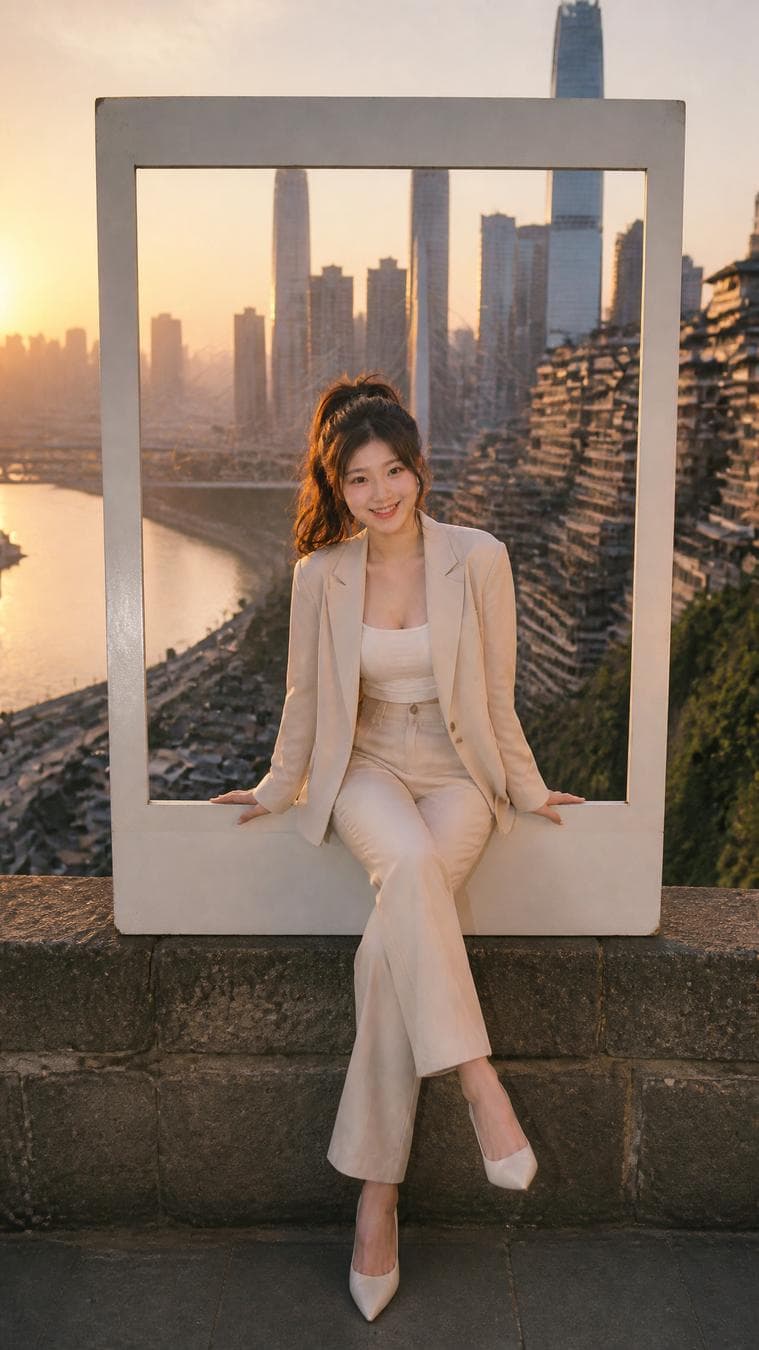 Portrait of a young 18-year-old Asian woman, 176cm tall, featuring precise facial identity, bone structure, and natural skin micro-texture including visible pores, fine lines, and subtle skin tone irregularities. She is captured in a high-end travel fashion aesthetic wearing a tailored luxury blazer and polished formal ensemble. The composition centers on a large vintage Polaroid frame set against a backdrop of Chongqing, China. The woman is interacting with the frame, sitting naturally along the lower border with one foot extending outward to create a dimensional, life-like illusion. The background features the iconic layered architecture of Chongqing, mountain-city terraces, and the glowing urban skyline at golden hour. Captured with a 35mm lens at f/2.8 to provide natural depth-of-field falloff while keeping the subject sharp. Lighting is consistent with natural golden-hour sunlight, casting physically accurate shadows and ambient bounce. The image employs authentic photographic color science with neutral white balance and realistic tonal variance, avoiding artificial HDR or cinematic grading. The final image exhibits…