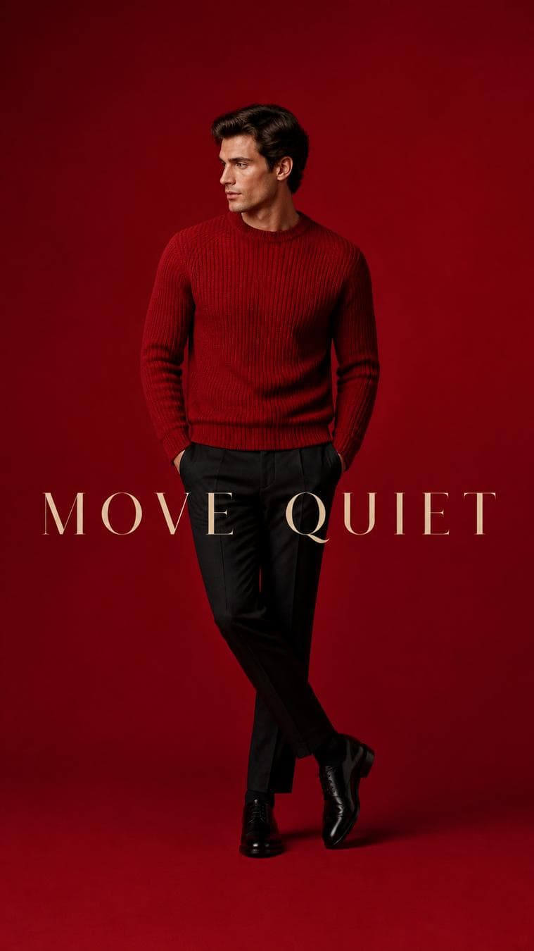 Luxury editorial campaign. Main Subject: Male model wearing a ruby-red knit sweater. Pose: Looking sideways while crossing one leg over the other. Camera: Full-body symmetrical…