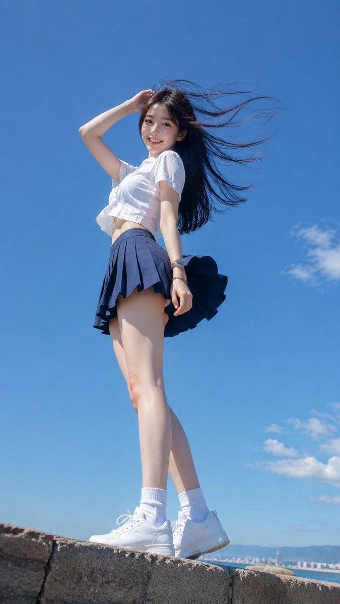 Vertical 9:16 realistic outdoor portrait photo, young adult East Asian woman, fresh youthful look, bright eyes, soft natural smile, real skin texture, natural healthy skin tone. White short-sleeve top, navy pleated skirt, white socks, white sneakers. Same-color safety shorts under the skirt, clean and visually consistent. Full-body framing from head to shoes, both feet visible. Strong natural low-angle shot, wide blue summer sky, bright sunlight, a few soft clouds. Strong summer wind blowing her hair upward and sideways, long flying hair strands, skirt moving outward in the wind, clean tasteful dynamic motion. Slightly tilted body…