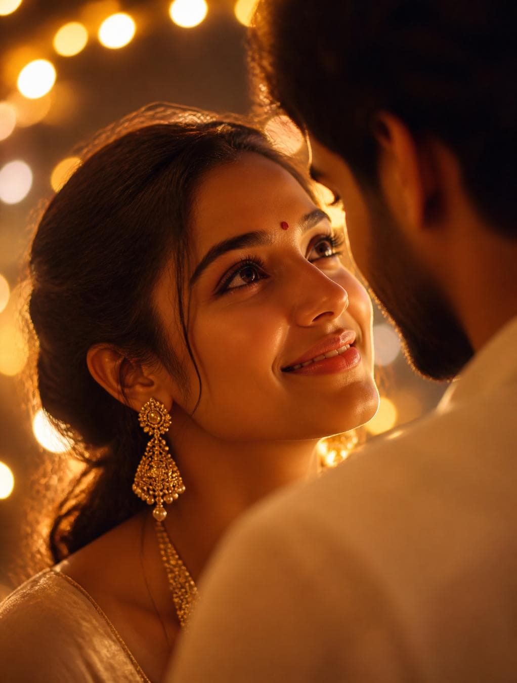 A radiant woman with a gentle, joyful expression leans intimately toward a man, her face illuminated by the soft, ethereal glow of out-of-focus festive lights. The scene utilizes heavy bokeh in the background, creating a dreamlike atmosphere where golden specular highlights dance across her skin and dark hair. Her features are defined by warm, directional rim lighting that emphasizes subsurface scattering on her cheeks and highlights the intricate gold texture of her traditional earrings. The composition focuses on the close-proximity interaction between the two subjects, with the man’s silhouette partially obscured in the foreground, anchoring the perspective while the woman remains the primary focal point of the soft, romantic…