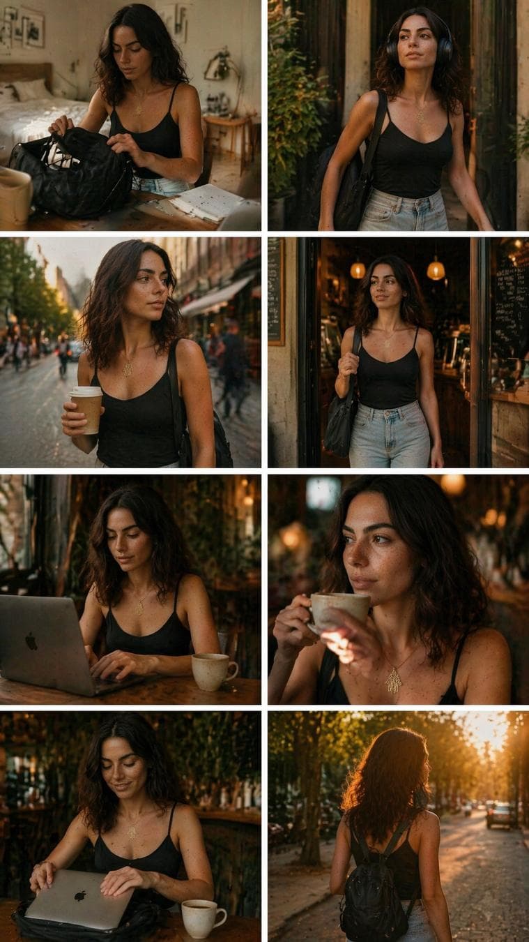 cinematic 8-photo storytelling collage featuring the same girl throughout the journey. Frame 1: Bedroom desk — laptop bag packed, morning light. Frame 2: Leaving home — headphones on, confident walk. Frame 3: City sidewalk — coffee aroma vibes, motion blur. Frame 4: Entering café — warm interiors, soft smiles. Frame 5: Laptop open — deep focus, typing. Frame 6: Coffee sip — thoughtful pause…