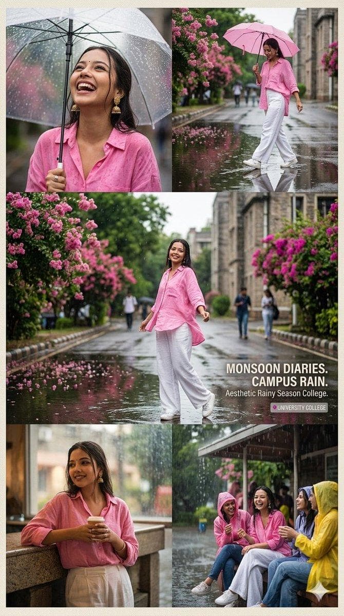Aesthetic rainy season college portrait collage of a stylish young woman in a pink oversized shirt and white wide-leg pants, enjoying the rain on a campus road with blooming pink flowers, wet pavement reflections, soft cinematic lighting…