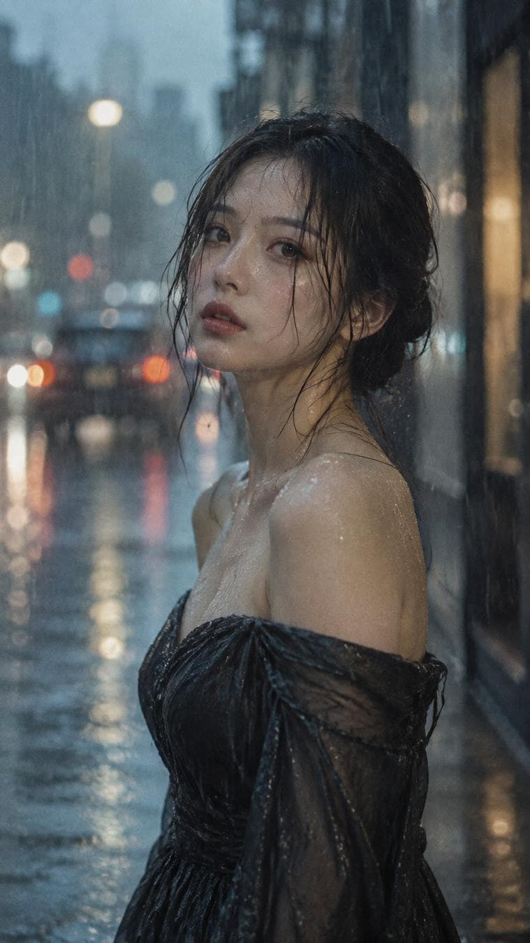 Portrait of a stunning woman standing in a gentle downpour, wearing an elegant off-shoulder dress that reveals delicate collarbones. Soft rain droplets glistening on her skin, strands of hair damp and clinging to her face, capturing a sense of melancholy and grace. Cinematography in the style of Wong Kar-wai, shot on 35mm film with Kodak Vision3 500T for fine, organic grain and moody, atmospheric lighting. Shallow depth of field with a 85mm lens, f/1.8 aperture, creating a creamy, blurred urban background of out-of-focus city lights. Cool-toned color palette with subtle blue and teal hues, diffused…