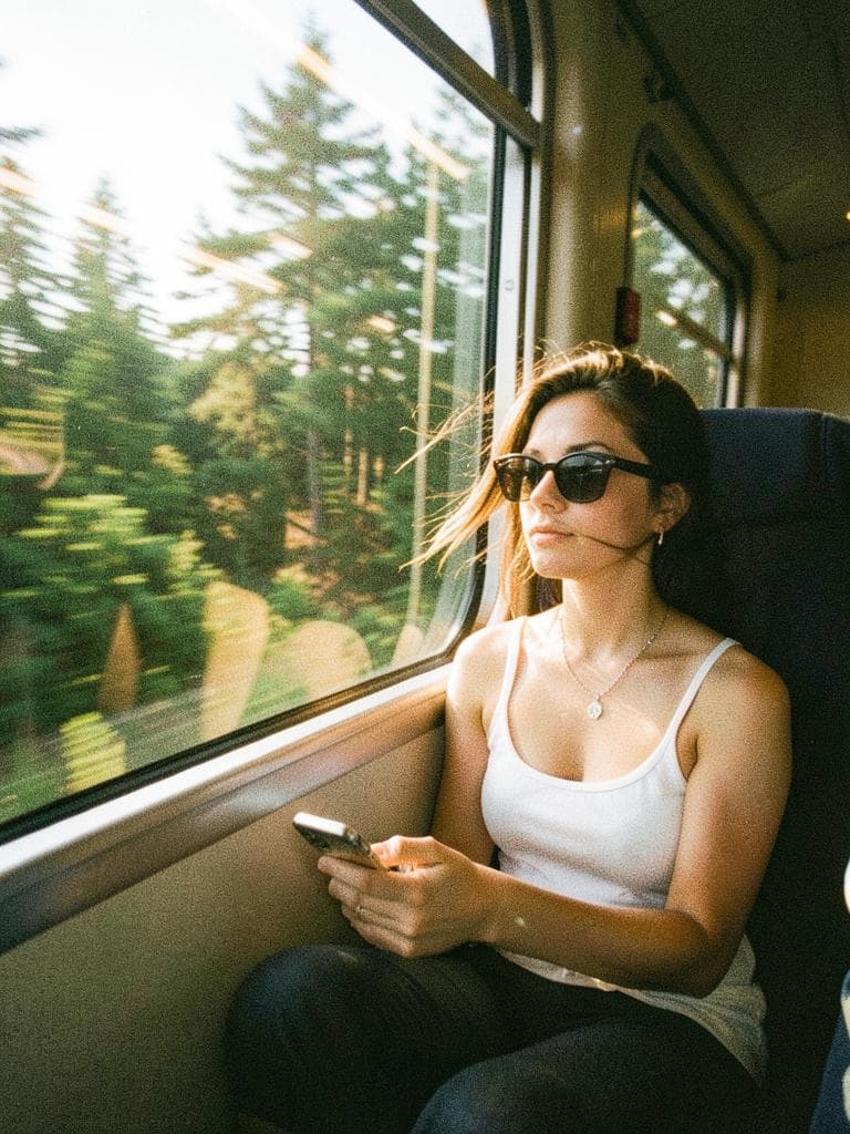 A candid quiet train-window moment during golden afternoon light. The subject sits curled beside a large train window while holding a phone loosely in both hands, gazing outside at the passing forest with a wistful, dreamy, emotionally distant expression. Windswept hair with natural movement catches the sunlight and falls around her face and shoulders. She wears a simple white camisole, dark sunglasses, delicate jewelry, and relaxed travel styling. Outside the window, dense green trees blur past with streaks of sunlight, reflections, and motion trails across the glass. The train interior feels cramped, warm, and ordinary, like a forgotten travel memory. Snapshot captured on a cheap 2000s low-resolution toy digital camera, heavy motion blur, intentionally crooked and tilted framing, accidental composition, harsh direct pop-up flash causing strange illumination despite the sunlight, overexposed white highlights, intense digital noise and heavy sensor grain, low-fidelity slightly faded colors, mild contrasts, chromatic aberration at the edges, lens flare, prism, 0.3-megapixel quality, looks like an extreme blurry candid photo uploaded from an old toy camera, no AI-perfection, raw and amateurish, authentic nostalgic texture. Slight focus miss, motion smear, low-resolution facial details, sensor noise, JPEG artifacts, and compression damage are visible across the face exactly as they would appear from a cheap toy digital camera. Do not preserve modern beauty-photo clarity. Do not protect facial sharpness. The subject remains recognizable despite image degradation. Extreme off-balance composition. Camera not leveled. Subject placed low and far to one side of the frame, leaving a large area of empty window space and passing forest as negative space. The window occupies most of the image. Parts of the legs, phone, train seat, window frame, and foreground interior are awkwardly clipped by the frame edge. The image should feel like a forgotten candid…