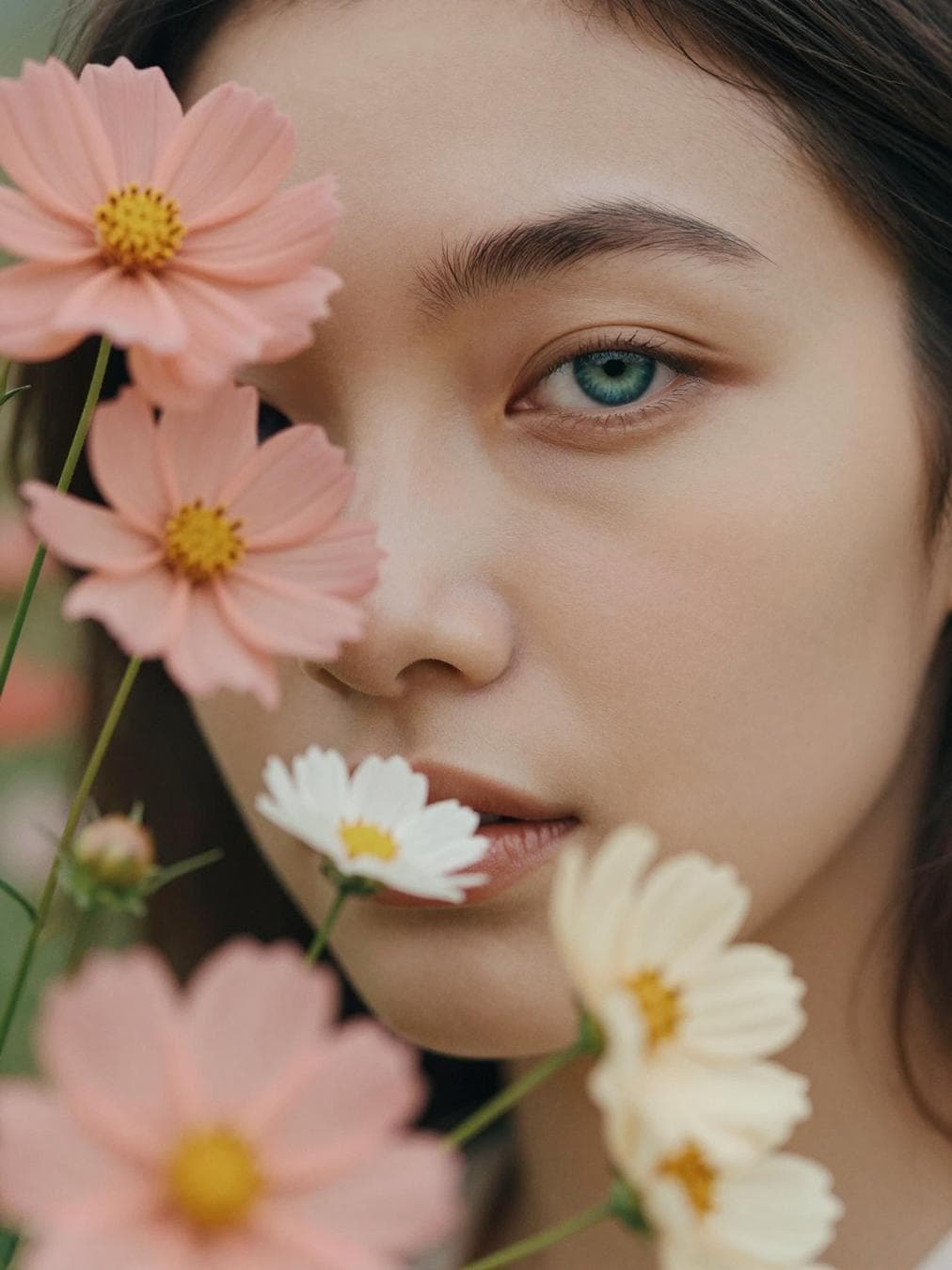 A cinematic film photograph of a close-up portrait of a female model with a single piercing blue-green eye visible and natural brows, her half face partially obscured by a cluster of blooming cosmos flowers in soft peach and pink, small white flowers and cream buttercups scattered throughout, shallow depth of field with flowers softly blurred in the…