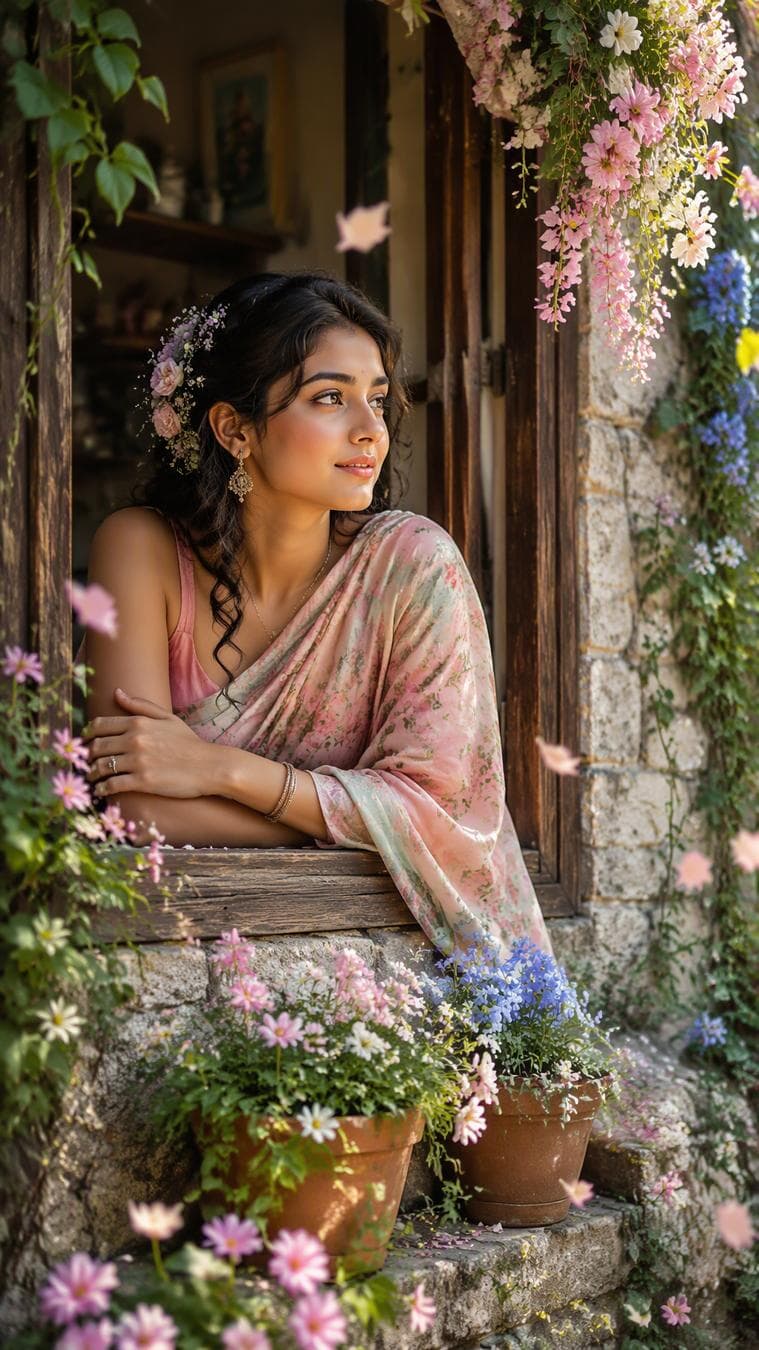 A beautiful young South Asian woman leaning on a rustic wooden window of a vintage stone cottage, wearing a soft pastel floral saree in pink and light mint colors. Elegant flower accessories in her dark wavy hair, delicate earrings, natural beauty, dreamy expression, looking outside thoughtfully. The window is surrounded by blooming pink, white, and blue flowers, hanging vines, flower pots overflowing with blossoms, flower petals floating gently in the air. Warm golden sunlight, soft shadows, romantic spring atmosphere, countryside cottage aesthetic. Highly detailed floral environment, ultra-detailed face, soft glowing skin, realistic eyes, natural makeup, cinematic lighting, dreamy mood, magical garden…