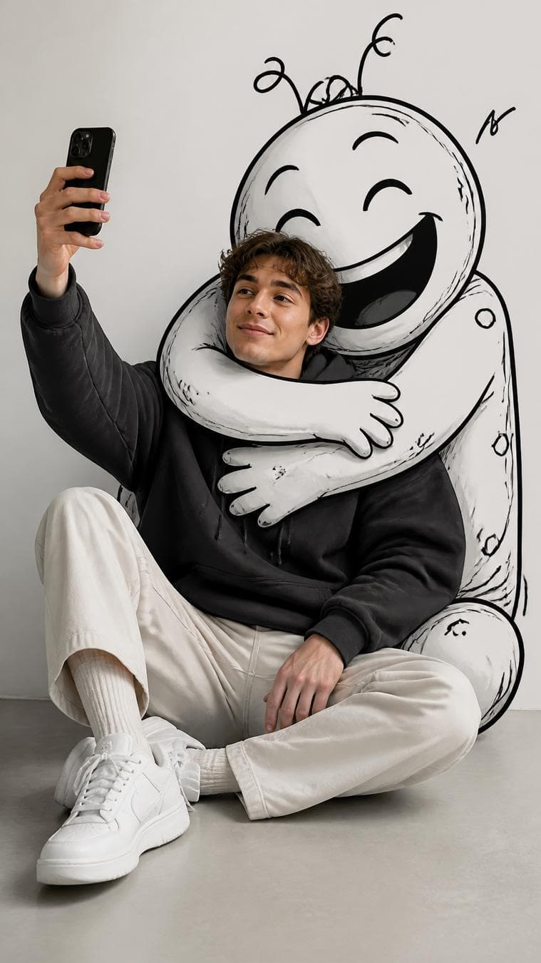 Editorial minimalist portrait of a stylish young man sitting comfortably on the floor wearing an oversized charcoal hoodie, cream trousers, white sneakers, holding a smartphone for a selfie. Behind him, a giant black-and-white doodle character hugs him tightly while leaning into the selfie with an exaggerated…