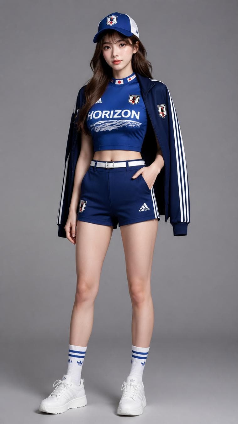 一位年轻女性的全身照，她留着棕色长发，身穿日本国家队2026年世界杯主场球衣风格的运动装：修身剪裁的"日本蓝"短款上衣，胸前饰有"HORIZON"抽象波浪纹样，衣身收腰剪裁，版型利落，衣领内侧点缀红色日章旗，搭配阿迪达斯经典三条纹白色袖饰。下身穿着同系列高腰修身运动短裤，版型合身，搭配白色细腰带，肩上披着一件深蓝色队服外套。头上戴着一顶蓝白配色的运动帽，脚穿蓝白条纹中筒袜与白色运动鞋。她自…