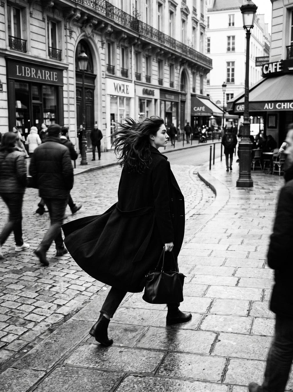 black and white photograph of a vogue fashion shoot. a 20-year-old woman with dark hair walking alone down the street, wearing a black coat. strong sense of motion: her hair flowing in the wind, coat fabric lifted and moving naturally. the shot is taken from above, street photography perspective. dynamic composition…