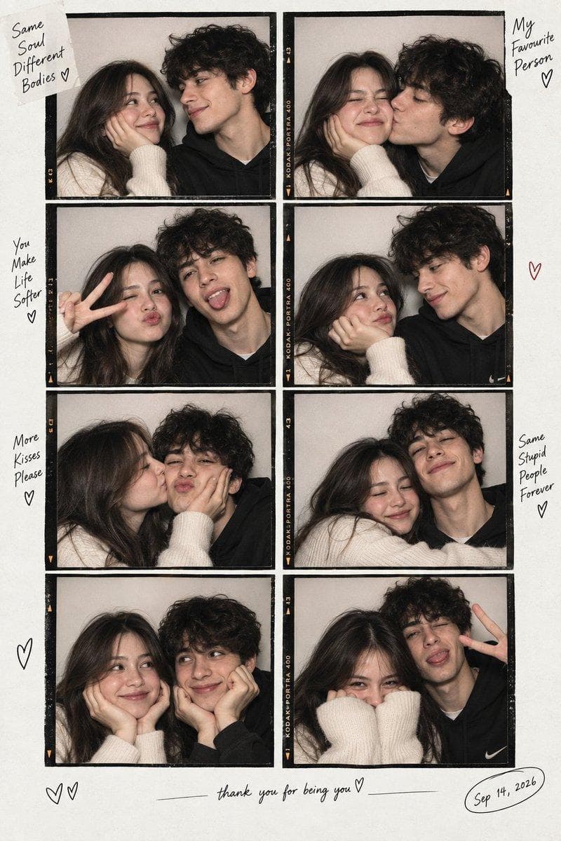 Create an ultra-realistic vertical 2×4 photobooth contact-sheet collage of the same adorable young couple across all 8 frames. They should look like genuine real people photographed together, never AI-generated: natural facial asymmetry, realistic pores and skin texture, tiny imperfections, individual hair strands, authentic eyes, believable hands and anatomy. Character continuity: cute young woman with long soft dark-brown hair, warm expressive eyes, subtle natural makeup, oversized cream knit sweater. Cute young man with messy naturally curly dark-brown hair, warm expressive eyes, dark charcoal hoodie/jacket over a simple white T-shirt. Keep their faces, hairstyles, age, proportions and clothing perfectly consistent in every frame. Make every frame feel like a different spontaneous moment rather than repeated poses: 1. She rests her cheek on her hand while he looks at her with a tiny smile. 2. Both lean extremely close to the camera, laughing naturally, slightly imperfect framing. 3. She kisses his cheek while gently squishing his face; his eyes close with a genuine smile. 4. Both hide half their faces inside their oversized sleeves, only their eyes visible. 5. They wear matching dark vintage baseball caps; she makes a playful pout while he looks toward her. 6. A genuine mid-laugh shot where she covers her smile and he laughs beside her. 7. She makes a small heart with both hands in the foreground while he rests his cheek against her head. 8. Final emotional frame: he kisses her forehead while she closes her eyes and hugs him tightly. Shot like a real late-night photobooth session on Kodak Portra 400, direct on-camera flash, slightly warm neutral white balance, soft shadow behind them, realistic flash falloff, subtle highlight bloom, fine 35mm grain, mild lens softness, tiny exposure inconsistencies and imperfect candid framing. No beauty filter, plastic skin, excessive sharpening, CGI or AI aesthetic. Arrange all eight photographs inside distressed black analog contact-sheet borders on a matte black scrapbook background. Add tiny orange film-edge…
