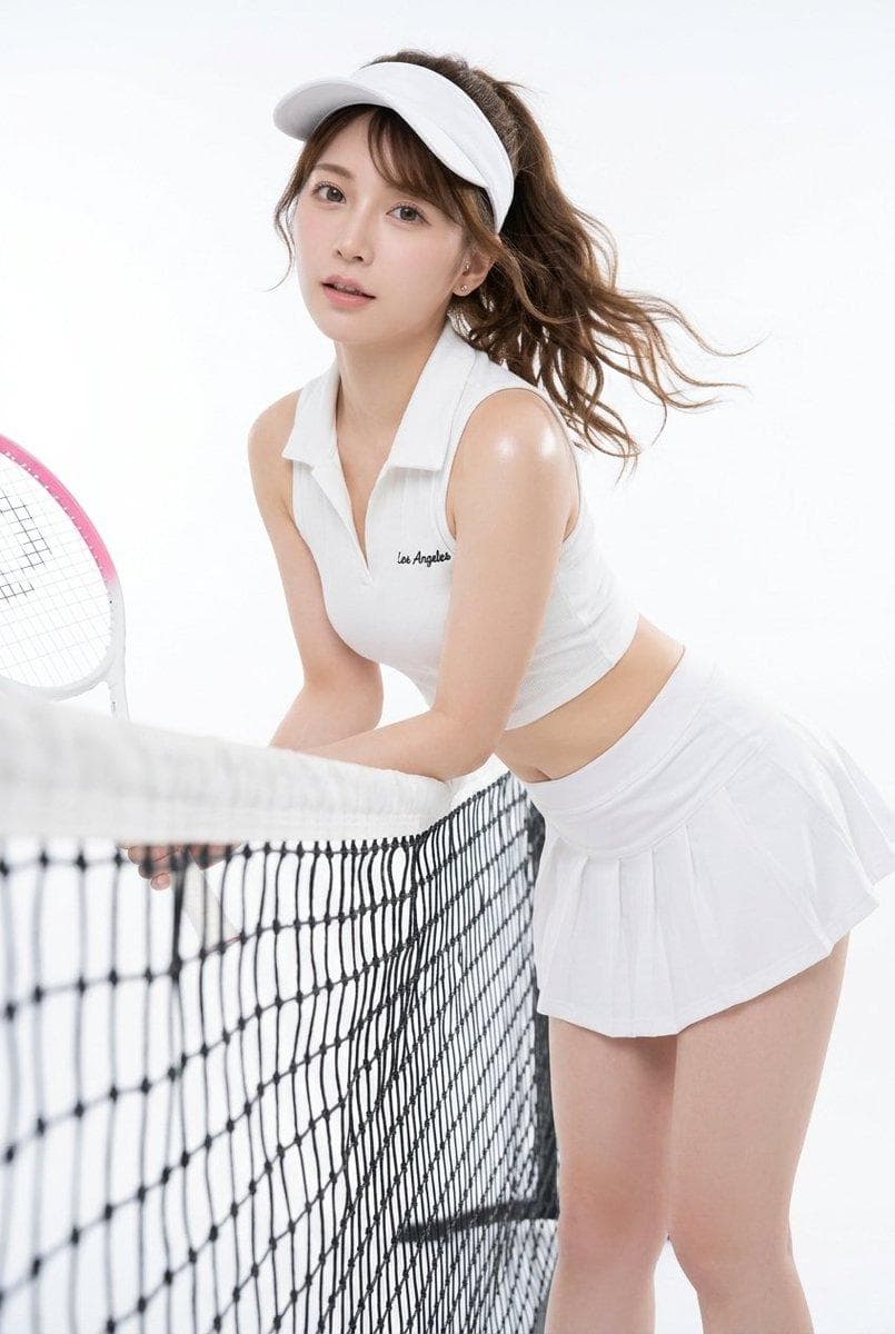 { "subject": { "description": "Young woman, athletic gravure idol aesthetic.", "mirror_rules": "none", "age": "early 20s", "expression": { "eyes": { "look": "direct contact", "energy": "soft, engaging", "direction": "at lens" }, "mouth": { "position": "slightly parted", "energy": "relaxed" }, "overall": "playful, innocent" }, "face": { "preserve_original": "true", "makeup": "East Asian idol style, glossy pink lips, subtle blush, natural brows." } }, "hair": { "color": "medium brown", "style": "tied back under visor, loose wavy strands framing face", "effect": "dynamic, moving as if caught in a breeze" }, "body": { "frame": "curvy bust, slim waist", "waist": "toned, exposed", "chest": "full, prominent", "legs": "smooth thighs visible", "skin": { "visible_areas": "shoulders, arms, midriff, upper thighs", "tone": "fair, pale", "texture": "smooth, powdery to touch", "lighting_effect": "even studio strobe reflecting softly off shoulder and collarbone" } }, "pose": { "position": "leaning heavily forward at waist", "base": "standing asymmetrical", "overall": "dynamic bending posture, interacting with foreground net" }, "clothing": { "top": { "type": "sleeveless ribbed crop top, polo collar", "color": "white", "details": "small black 'Los Angeles' text on left breast, tight fit", "effect": "stretching taut over bust" }, "bottom": { "type": "pleated mini tennis skirt", "color": "white", "details": "short, high waist fit" } }, "accessories": { "headwear": "white sun visor", "jewelry": "small stud earrings", "device": "none", "prop": "tennis racket (white with pink rim), black tennis net with white top tape" }, "photography": { "camera_style": "studio gravure portrait", "angle": "slightly low angle, tilting up to face", "shot_type": "medium-full shot, slight off-center tilt", "aspect_ratio": "4:5", "texture": "crisp, digital high-res", "lighting": "bright, flat studio strobe, large softbox, eliminating harsh shadows", "depth_of_field": "f/8…