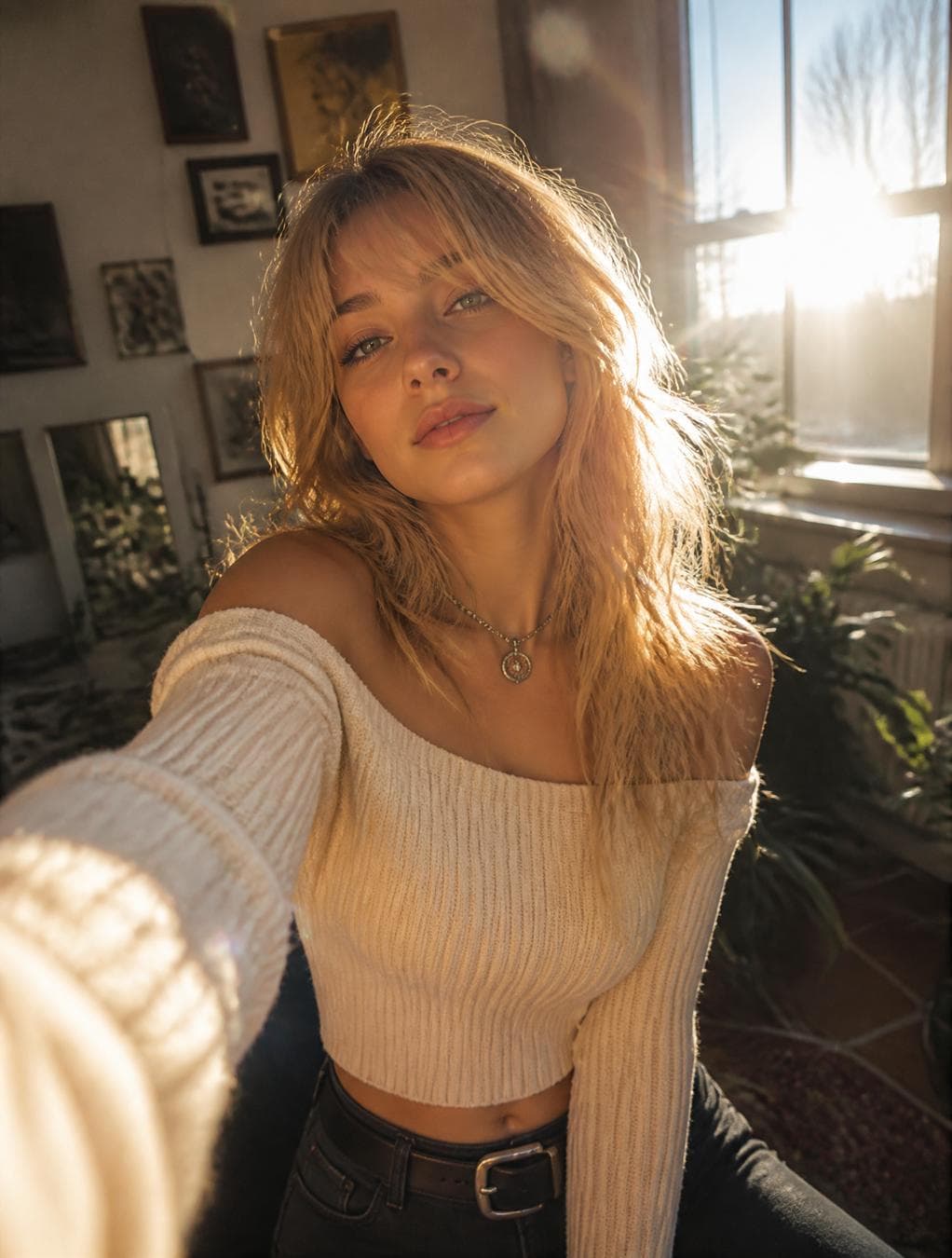 A realistic, cinematic digital painting of a young russian woman taking a selfie in a sunlit room. She has a messy, and textured golden coloured-Wavy blonde hair with wispy bangs framing her face. She is wearing a cream-colored, ribbed knit, off-the-shoulder crop sweater, a silver choker necklace with a circular pendant, and high-waisted dark pants with a thick black belt featuring a silver buckle.The perspective is a first-person selfie view, with one arm extended toward the lower left foreground. Bright, dramatic sunlight streams in from a large window in the background, creating strong lens flare effects…
