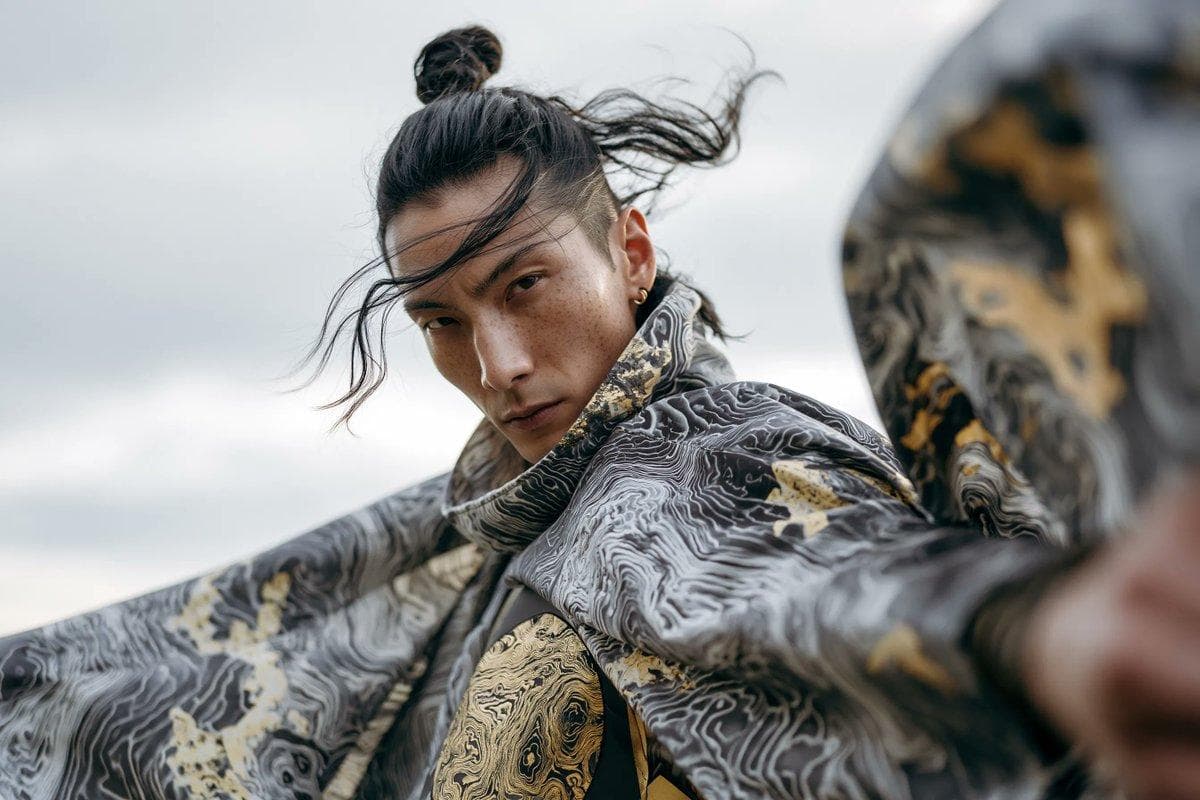 A high-fashion editorial portrait of a [Subject] wearing avant-garde garments crafted from flowing topographic maps. Fabric layered with contour lines, elevation markings, and cartographic patterns, featuring muted [Color One] and bold [Color Two] contrasts. Wind-blown…