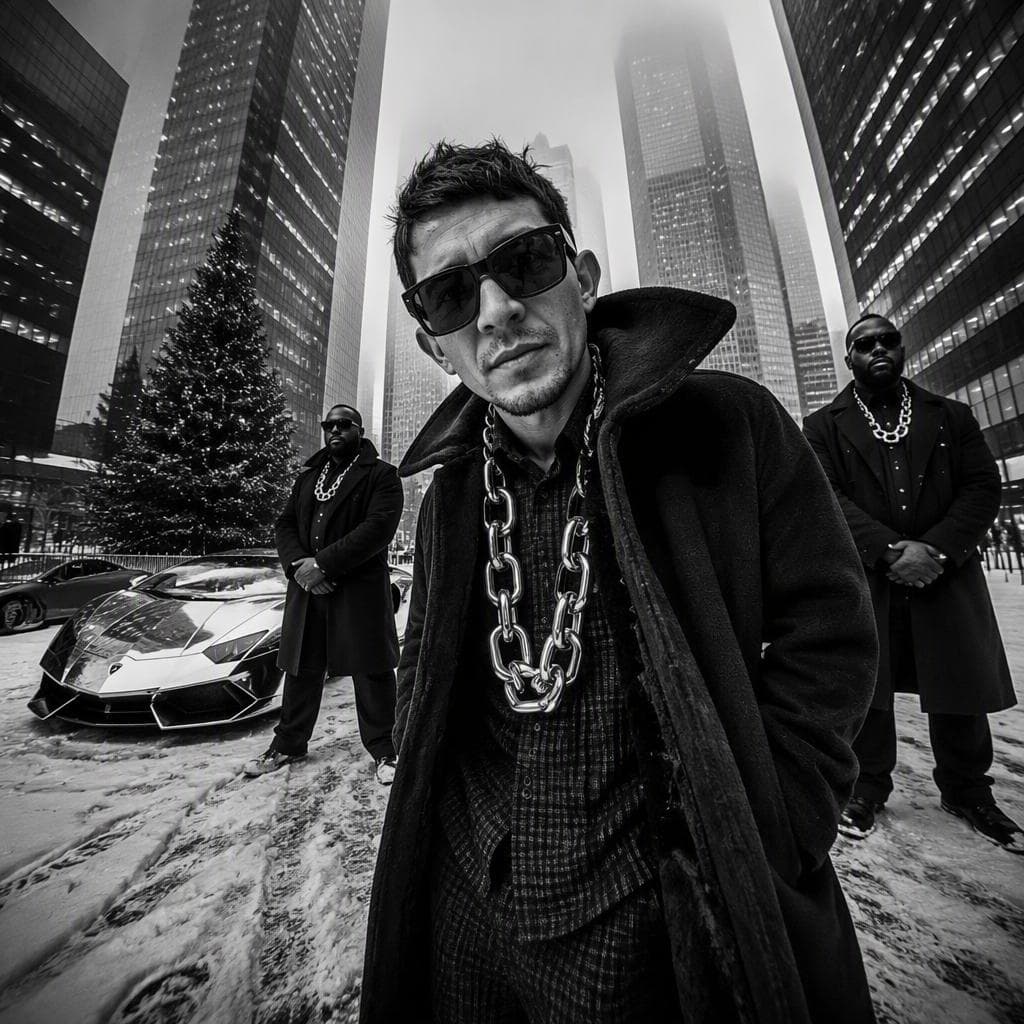 A black-and-white, high-contrast, ultra-glamorous street fashion editorial photograph taken with an ultra-wide-angle lens that creates the effect of a slight perspective deformation. A vertical composition in the center of a large urban space surrounded by high-rise buildings that rise up and converge to the center of the frame, forming a dramatic architectural geometry. It's a winter day, there is an uneven layer of snow and ice on the ground, the surface is matte, with the texture of frozen asphalt. The contrast is soft at the top of the frame due to the atmospheric haze. In the foreground is the young man standing closest to the camera. He's wearing large rectangular dark sunglasses. Hairstyle-short, with dense front styling, partially disheveled, slight asymmetry of strands. The emotion is neutral, serious, and the gaze is directed directly into the lens. He is wearing a voluminous long coat with a massive collar, under which multi-layered clothes are visible, including a thick shirt with a pronounced checkered texture. A large heavy chain with massive links hangs on the chest, visually dominating the composition. Behind, to the left and right of the man, there are two men dressed identically in dark ensembles: thick coats or jackets, smooth fabrics that emphasize a strict silhouette. They wear large chains of a similar type, stacked on top of clothes. They wear dark sunglasses. They stand statically, strictly, with their legs slightly apart, arms lowered or gathered in front of them. Their figures create balance on the sides of the frame. On the left behind there is a sports car with a low wide body and a pronounced…