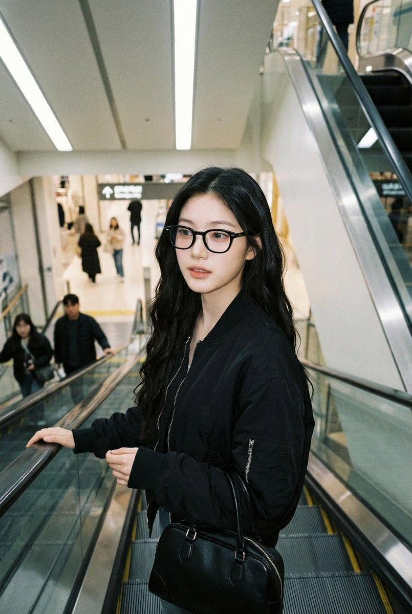 Photorealistic iPhone candid of a woman on an escalator, using the exact face and identity from the reference image. She wears black horn-rimmed glasses, a black bomber jacket and carries a black handbag. Natural posture, mid-motion capture with a relaxed expression…
