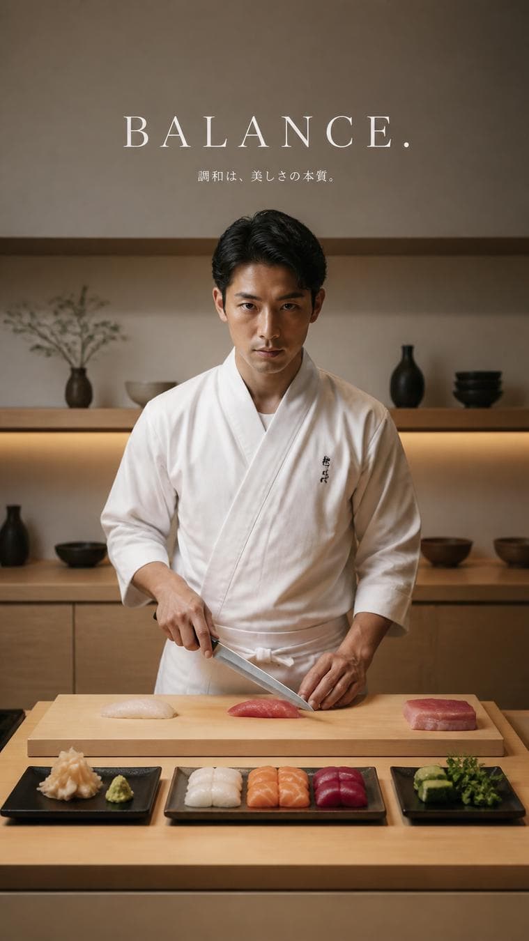 Premium editorial campaign.Main Subject: Young sushi chef inside a minimalist Japanese kitchen.Creative Direction: Fresh ingredients arranged with geometric precision.Pose: Holding a knife naturally over…