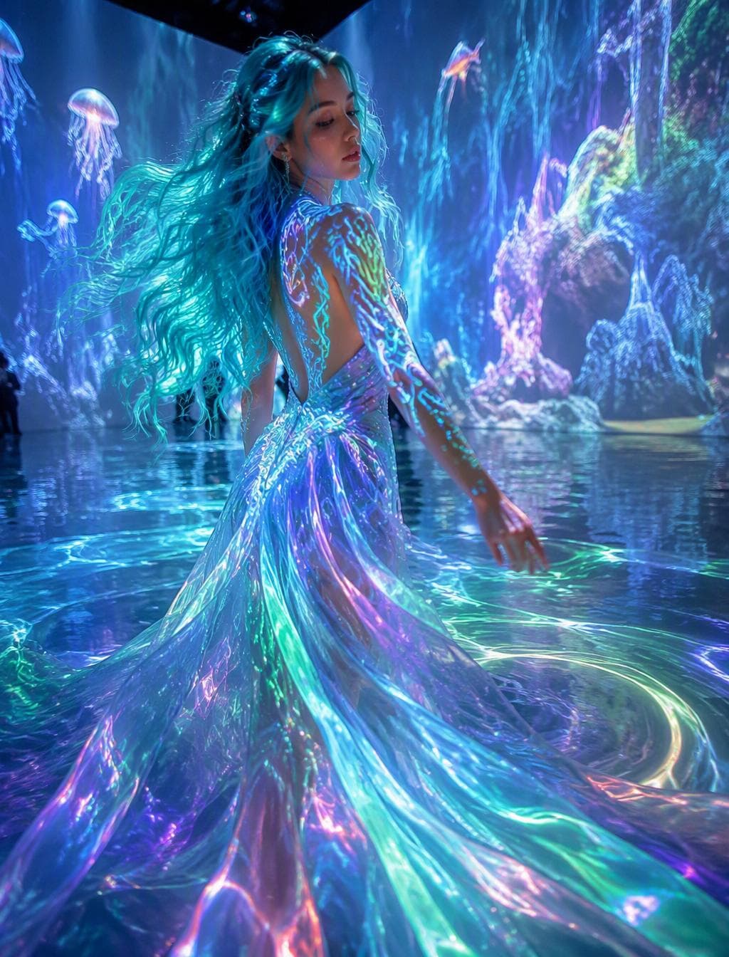 A young woman with flowing aquamarine hair and glowing tattoos stands in an underwater-themed art installation, wearing a sculptural dress that shimmers with iridescent neon colors and soft…