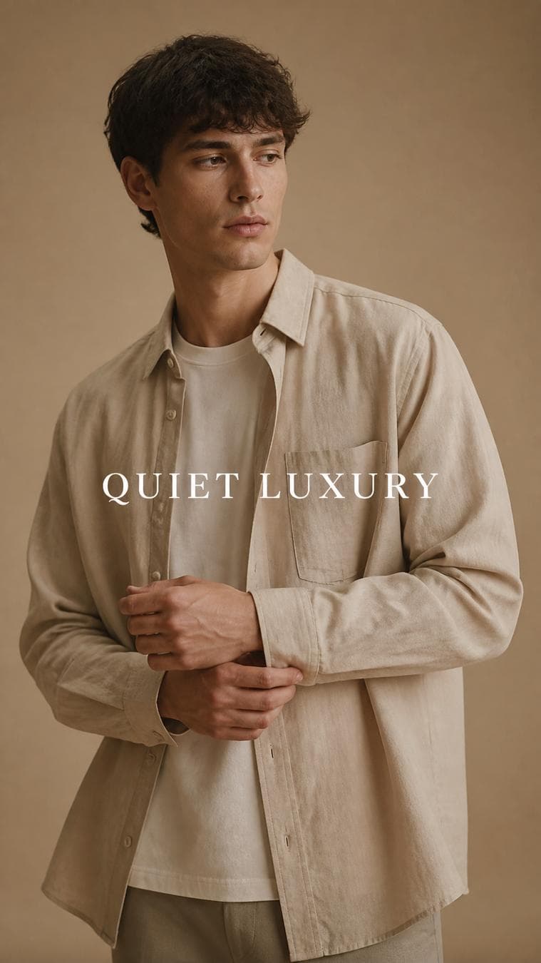 Luxury Zara-inspired editorial campaign. Main Subject: Young male model wearing an oversized sand-beige linen overshirt over an off-white t-shirt. Pose: One hand gently adjusting the shirt cuff while looking slightly away from the camera. Camera: Natural eye-level portrait with an 85mm lens. Background: Warm…