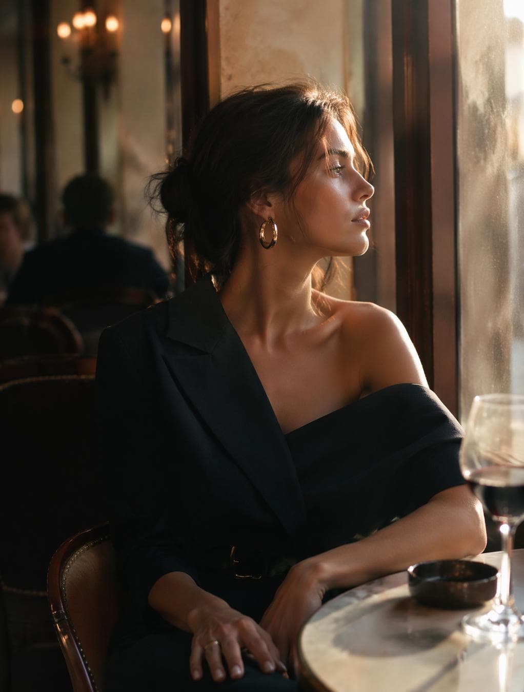 Ultra-realistic cinematic fashion photography of a beautiful woman.Wearing an elegant black designer dress with refined tailoring and luxurious fabric textures.Seated near a large window in a quiet old café.Afternoon sunlight illuminates floating dust particles.The atmosphere feels warm, nostalgic and familiar.Captured candidly while looking outside.50mm lens, shallow depth of field.Kodak Portra…