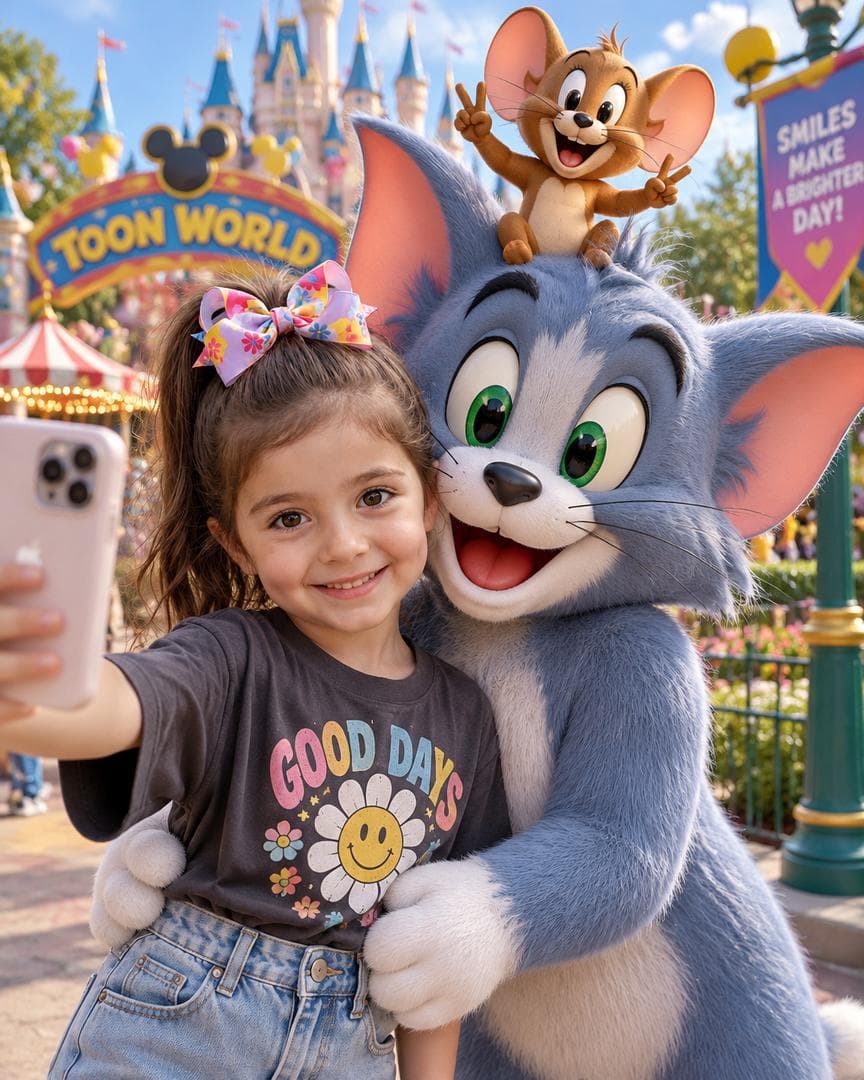 Create a stunning 8K cinematic portrait of a child taking a selfie inside a colorful, cartoon-themed amusement park. The child stands next to a giant blue cartoon cat, while a small brown cartoon mouse sits playfully on the cat's head. The child smiles naturally at their smartphone camera, holding a modern phone in their outstretched left hand as the photo is taken. They are wearing a loose-fitting, dark gray graphic tee and high-waisted, light blue jeans. The giant blue cartoon cat stands beside and slightly behind the child, affectionately embracing them around the waist with one arm while the other is wrapped around their waist. The cat features large, expressive green eyes, oversized ears with…