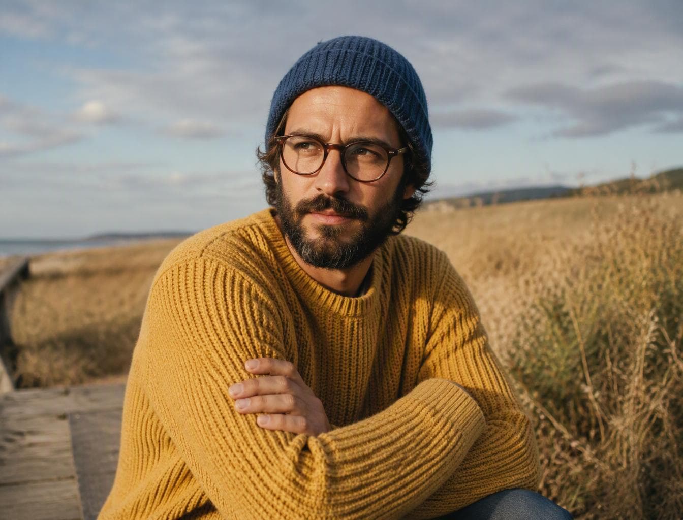 Medium shot of a man with glasses and beard wearing a blue beanie and textured yellow sweater, sitting with arms crossed. Outdoor natural landscape with open field…