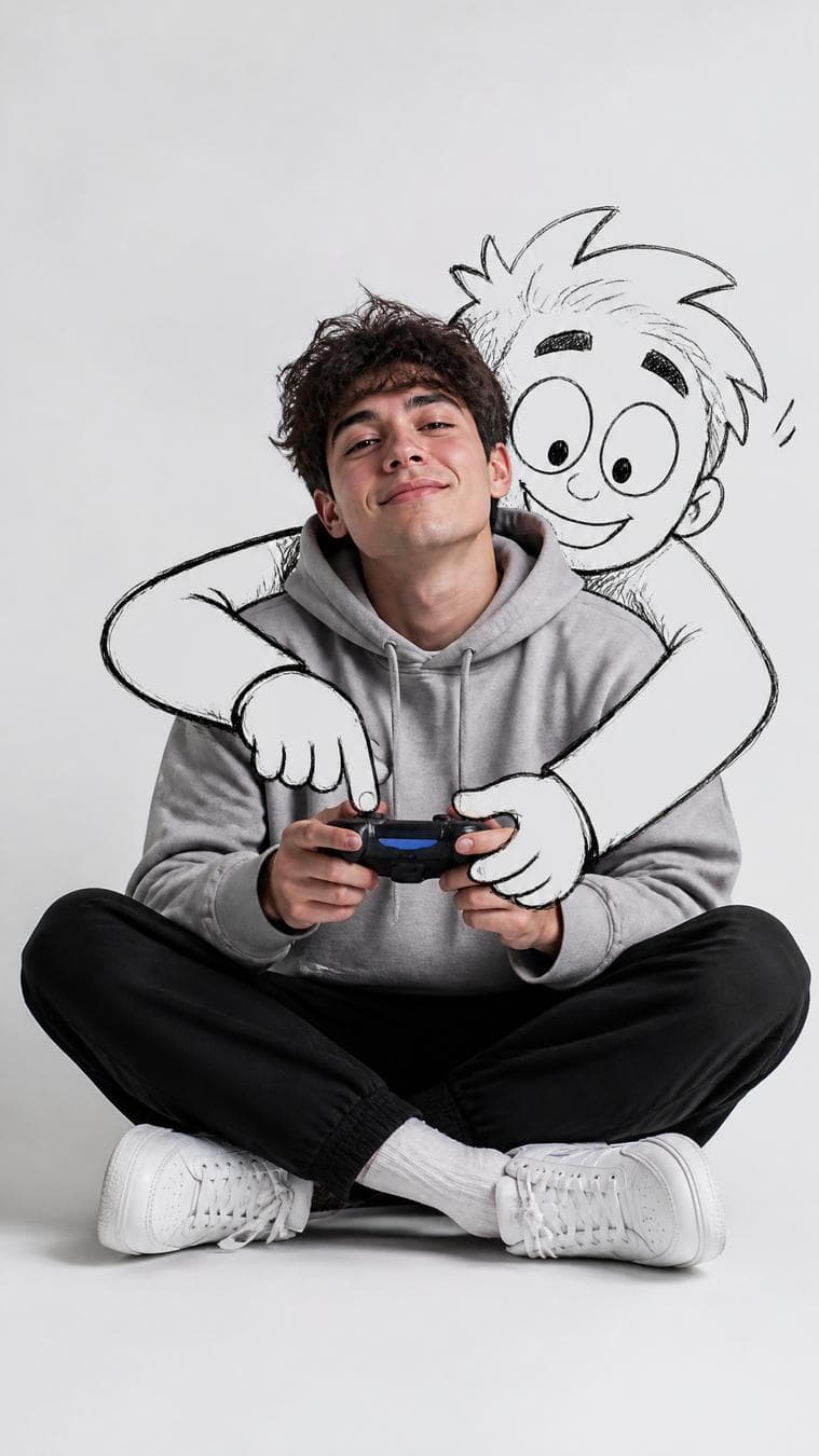 Ultra-realistic minimalist portrait of a young male gamer sitting on the floor with crossed legs, wearing an oversized grey hoodie, black joggers, white sneakers, and holding a gaming controller. Behind him, a large hand-drawn doodle character reaches around from behind, pressing the controller buttons with cartoon hands…