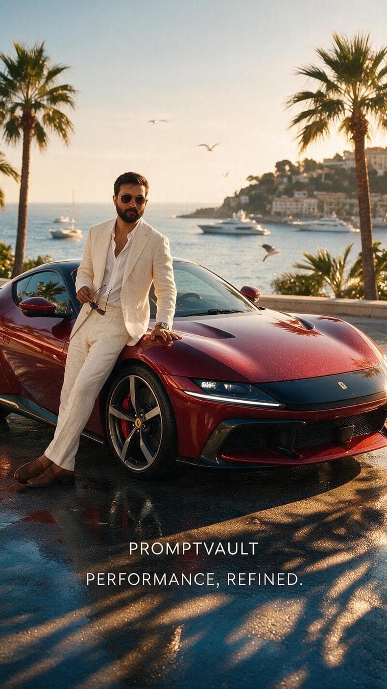 the character in reference image 1 Ultra-photorealistic 8K vertical luxury automotive campaign, 9:16, featuring a breathtaking Ferrari 12Cilindri in deep Rosso Corsa metallic red, parked along the elegant Monaco Riviera during golden hour. The car is positioned at a dramatic three-quarter front angle on immaculate coastal asphalt, with the Mediterranean Sea, luxury yachts, palm trees, and Monaco's hillside architecture stretching into the background. The Ferrari has flawless liquid-metal red paint with microscopic metallic flakes, crystal-clear clear coat, realistic reflections of the ocean and architecture, sculpted aerodynamic bodywork, carbon-fiber splitter, aggressive air intakes, detailed LED headlights, precision-machined alloy wheels, red brake calipers, realistic tire sidewalls, glass reflections, tiny surface imperfections, and physically accurate materials. Standing beside the driver's door is a charismatic gentleman wearing an impeccably tailored cream linen suit, open-collar white shirt, brown leather loafers, luxury watch, dark aviator sunglasses, and subtle Mediterranean styling. His clothing shows realistic linen fibers, natural wrinkles and movement from the sea breeze. He casually leans against the car with one hand resting on the roof while the other holds his sunglasses slightly away from his face, looking toward the camera with effortless confidence. His expression communicates wealth, sophistication, freedom and understated power. Warm sunset light creates golden reflections across the Ferrari while cool blue ambient light from the ocean fills the shadows. Palm leaves cast delicate moving shadows across the bodywork. The wet coastal road…