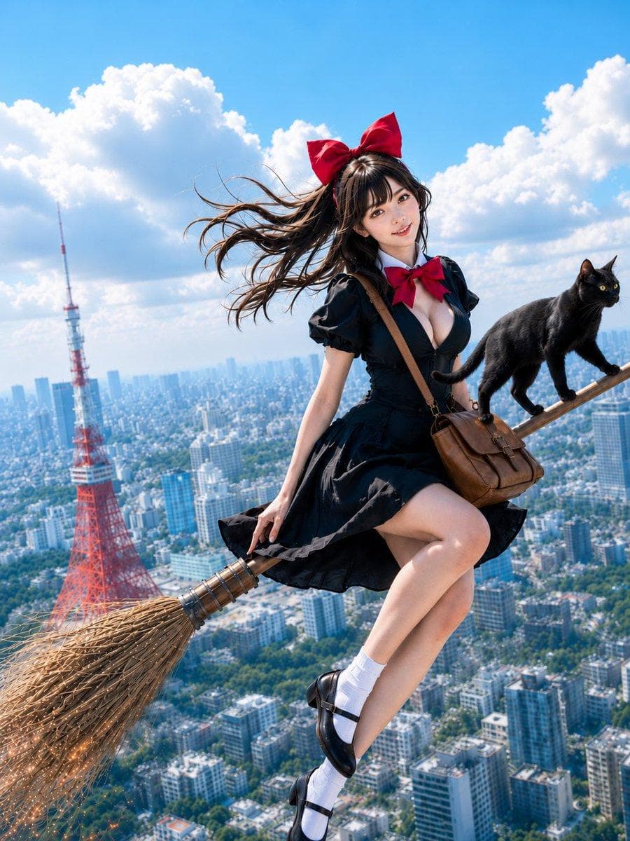 主題： 空の便 人物・表情： 20代女性。赤い大きなリボンを頭につけ、暗めのブラウンロングヘアが上空の風で画面左へ大きく流れている。清潔感のある日系メイク、自然で細やかな肌、明るい目元。顔はカメラへ向け、少し微笑むような穏やかな表情。人物の顔、目、髪、肌の質感は高精細で、輪郭と表情がはっきり見える。 服装・ポーズ： 黒に近いネイビーの魔女風ワンピース。半袖パフスリーブ、白い小さな襟、胸元に赤いリボン、細いウエストライン、軽く広がる短めのスカート。布は風で自然に揺れ、スカートの外側に薄い透け感のあるレイヤーを重ねる。茶色のレザーショルダーバッグ、白い短めソックス、黒いストラップシューズ。人物は箒の柄に横向きで自然に腰をかけ、重心がしっかり箒の上に乗っている。人物自身の左手は箒の前方を軽く押さえ、右手はバッグ付近でバランスを取る。両脚は斜め下へそろえて伸ばし、片膝を少し曲げて上品に重ねる。落ちそうに見えない安定した座り方。 背景・光： 明るい夏の東京上空。画面左奥に東京タワー、下には高層ビル、住宅街、緑地が広がる。遠景は空気遠近で少し霞み、青空と大きな白い積乱雲が画面上部を満たす。主光は画面左上から強く入り、顔、髪、脚、リボン、猫の毛並みに明るいハイライトを作る。影は右下方向へ落ち、雲からの反射光で暗部もやわらかく持ち上がる。全体は少し明るめで、爽やかな青と白を基調にする。 構図・カメラ：…
