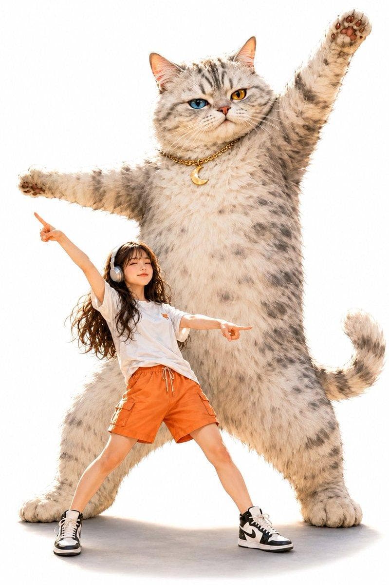 A dynamic image featuring a giant anthropomorphic cat based on the attached reference character and the attached reference character posing together. - The reference character is positioned in the lower-left corner of the frame, while the giant cat stands behind them at an overwhelming scale, dominating the composition. - The reference character is wearing a short-sleeved T-shirt, trendy orange shorts, black-and-white sneakers, and silver wireless headphones. They are leaning slightly backward with their legs apart, striking a confident, stylish pose: the right hand points diagonally toward the upper-left, while the left index finger points directly toward the viewer. A subtle smile with a confident expression. - The giant cat is an anthropomorphic, bipedal version of the attached reference character's cat, significantly larger than the character. It has rich, soft, ultra-detailed fur, heterochromia eyes (one blue and one orange) with vertical slit pupils, a pink nose, and long whiskers. Around its neck is a thick gold chain with a crescent moon pendant. It spreads both arms wide in a dynamic pose, with the left arm raised high and the right arm extended outward. Its tail curves slightly, and it wears a calm yet slightly cocky expression. - The reference character stands in front of the giant cat's lower body, appearing much smaller in comparison. Both characters are posed as if performing or dancing together, creating a unified and energetic composition. - Clean white background with only soft shadows beneath the characters, keeping the focus entirely on them. - Watercolor-style background, while both the reference character and the giant cat are rendered in…