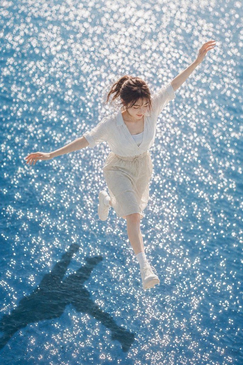 主題： 光を踏む夏 主体： 縦長3:4の写真。きらめく青い水面の上を、ひとりの女性が軽く跳ねるように歩いている瞬間。人物は画面中央やや右寄りに全身で入り、上半身から足先まで見える。背景は一面の水面で、白い光の反射が画面全体に散っている。 人物・表情： 自然で現実感のある女性。明るいブラウンの髪を低めのゆるいポニーテールにまとめ、薄い前髪と顔まわりの後れ毛が風で少し流れている。顔は少し下向きで、視線は足もとの水面へ。口元は控えめにゆるみ、夏の光の中で静かに集中している表情。 服装・ポーズ： 白いノースリーブインナーの上に、薄手で透け感のある白い半袖シャツを羽織る。ボトムスは生成り色のハイウエストショートパンツ、ウエストに細いドローコード。白いソックスと白いスニーカー。右足を画面下へ大きく踏み出し、左足は後ろに軽く曲げる。人物の左腕は画面左へ水平に伸ばし、右腕は画面右上へ高く伸ばす。両手の指は5本が自然に分かれ、力を抜いた柔らかい形。手首や関節に破綻がなく、バランスを取るための自然な動き。 背景・光： 浅く澄んだ青い水面が全面に広がり、細かな波と白い反射光が無数の粒のように輝く。真夏の強い太陽光が画面右上から差し、髪、肩、シャツの縁、腕に明るいハイライトを作る。人物の濃い影が画面左下の水面に長く落ち、反射光の中で少し揺れて見える。 構図・カメラ：…