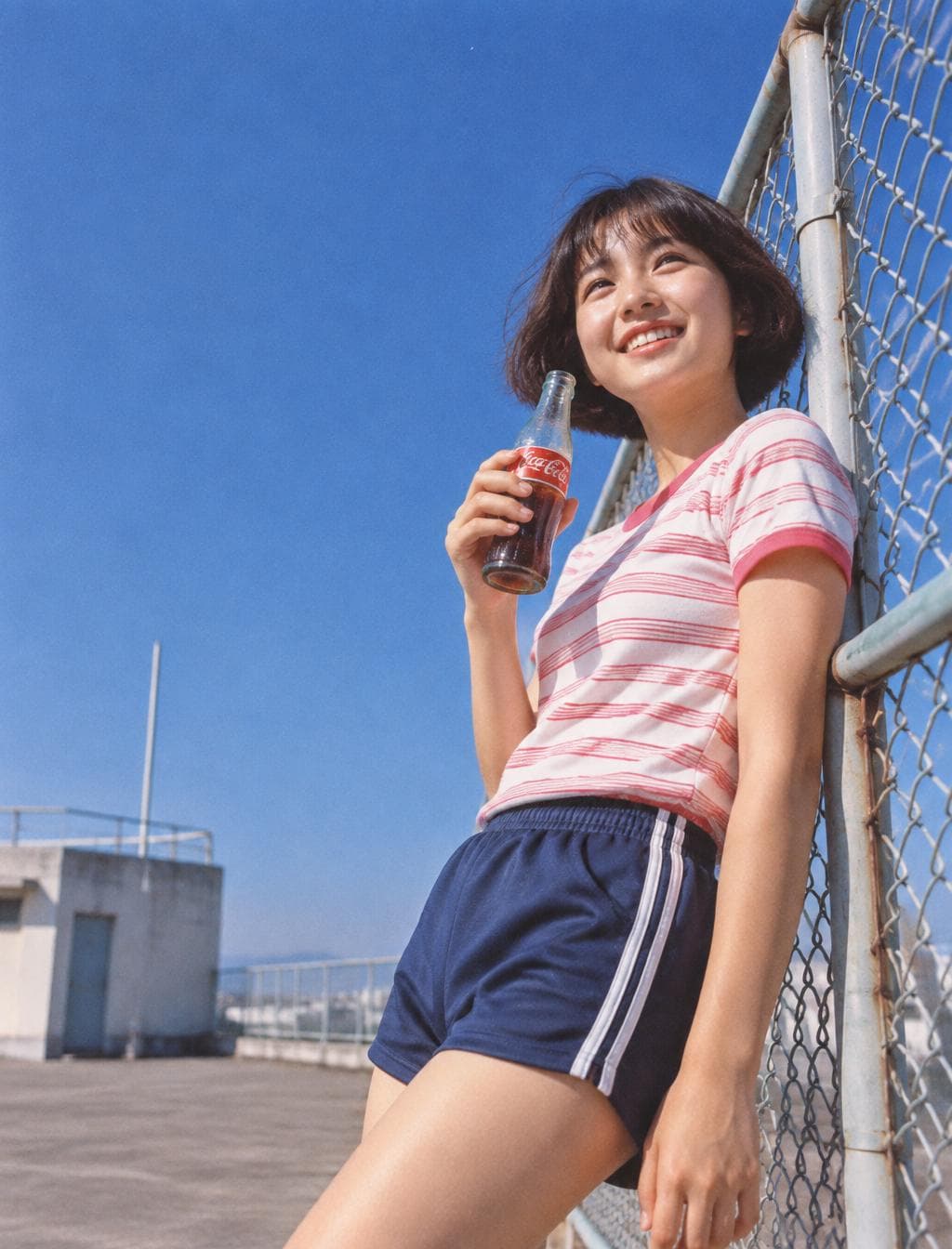 Japanese retro high school photography on vintage Kodachrome film. A young, energetic girl with a short bob haircut wears a pink-and-white striped athletic T-shirt and holds an ice-cold vintage glass soda bottle beaded with condensation as she leans against an open chain-link fence on an empty rooftop. Minimalist low-angle composition, with generous clean negative…
