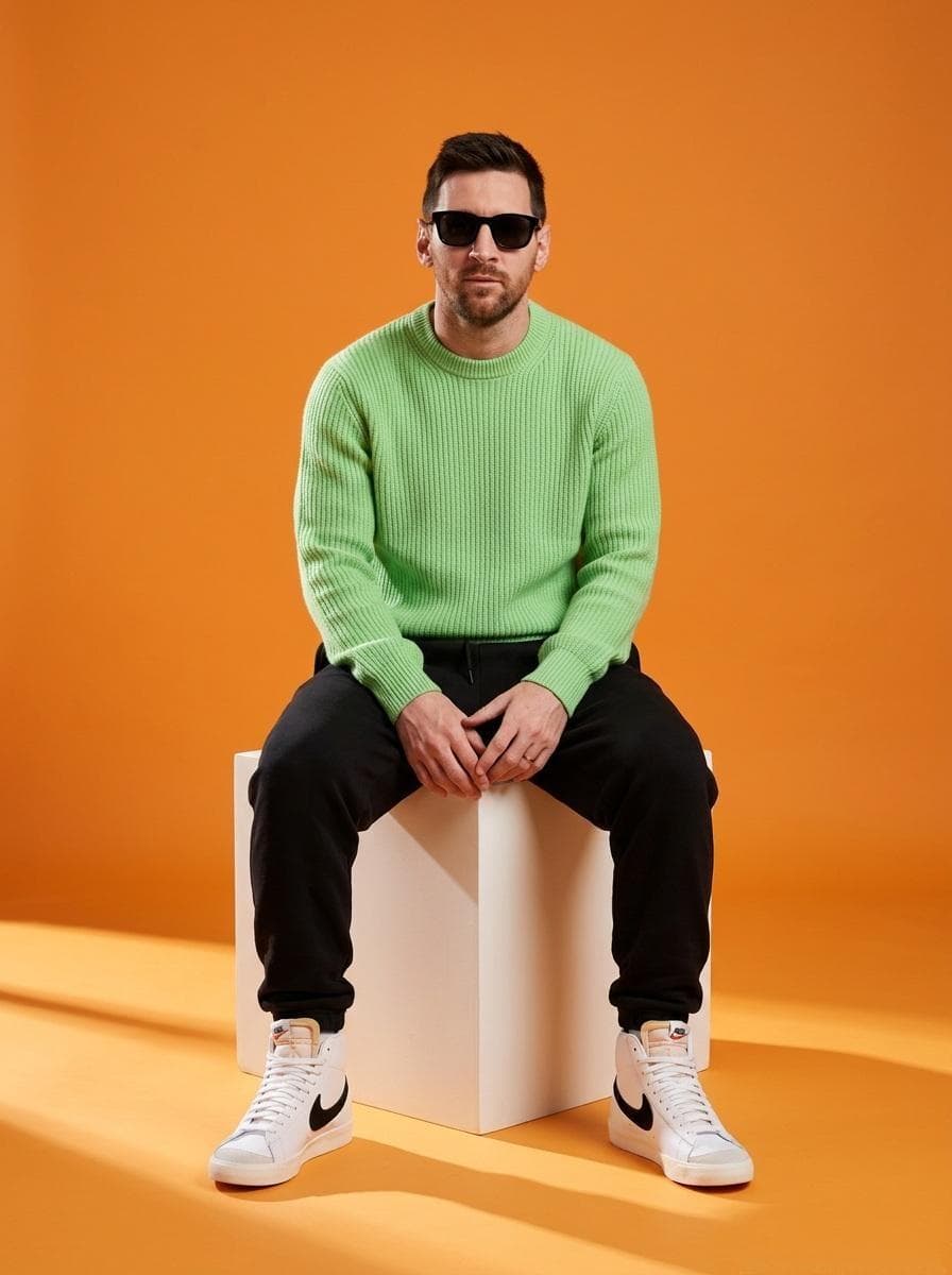 A stylish male model sitting on a white cube in a minimalist studio with a vibrant orange background. He is wearing a fitted green knit sweater, black pants, and white sneakers, paired with black sunglasses for a modern, confident look. The model sits relaxed with hands resting together, facing the camera. Soft directional lighting creates subtle shadows on the floor and background, adding depth and a…