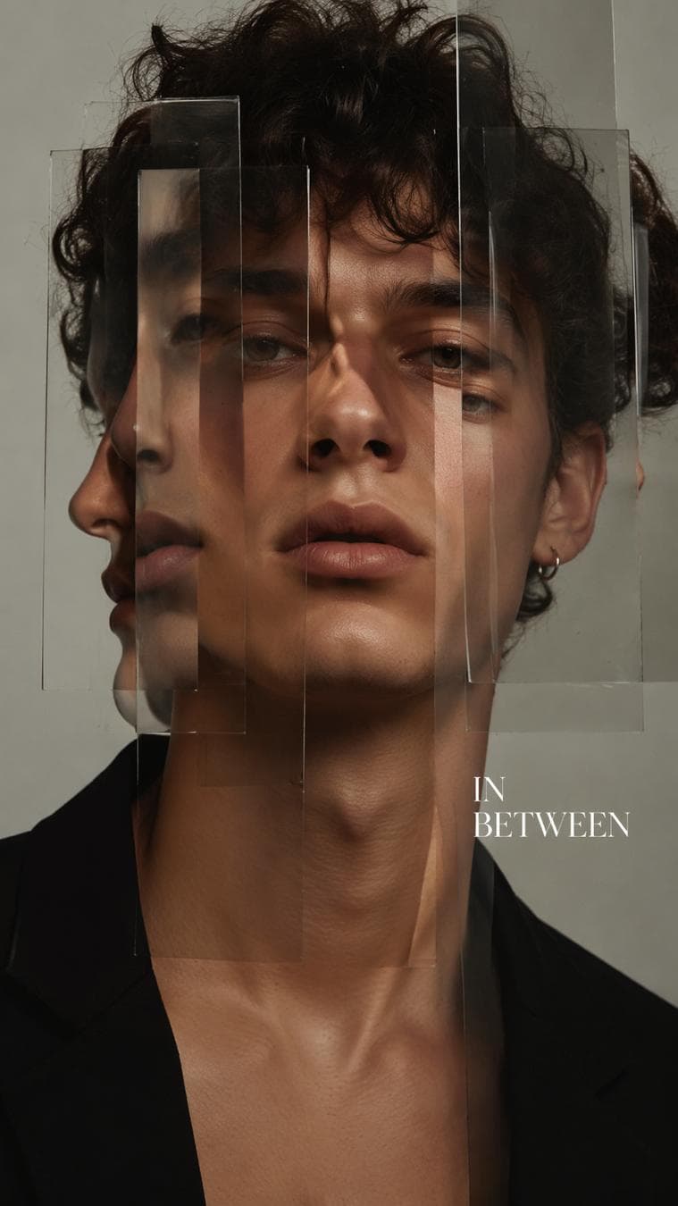 A premium 9:16 editorial portrait.Main Subject:A confident young male model.Several transparent acetate sheets overlap in front of the face.Each layer slightly shifts and duplicates different facial features, creating elegant depth without hiding identity.Typography:"IN…