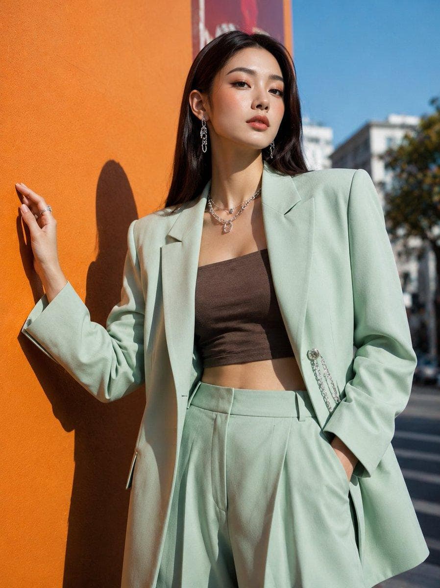 Using the provided reference image, create an ultra-realistic Korean street-fashion editorial portrait of a stylish young woman posing outdoors beside a bold orange wall under bright natural sunlight. She is wearing an oversized pastel mint green blazer with structured tailoring, matching high-waisted wide-leg trousers, and a fitted dark brown cropped tube top. Add luxury silver accessories including statement earrings, layered necklaces, rings, and a decorative chain detail attached to the blazer. She has long sleek straight dark brown hair, flawless porcelain skin, soft glam makeup with nude matte lips, sharp brows, and a confident elegant expression. Relaxed fashion pose with one hand against the wall, modern chic attitude. Background features clear blue sky, soft urban scenery, cinematic sunlight shadows, and vibrant color contrast between the orange wall and mint outfit. High-fashion editorial photography, Vogue Korea inspired, luxury street style…