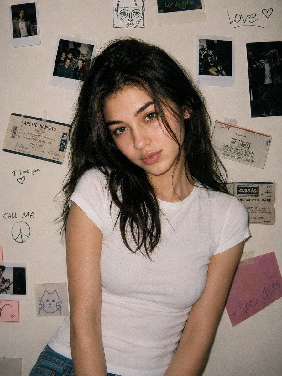 A young woman with the same unchanged face, pale soft complexion, caught in a classic 90s disposable-camera snapshot. Her loose black hair falls naturally around her face. She gives a subtle smirk, relaxed and unbothered. She’s wearing a simple white baby T-shirt with a fitted silhouette. The background…