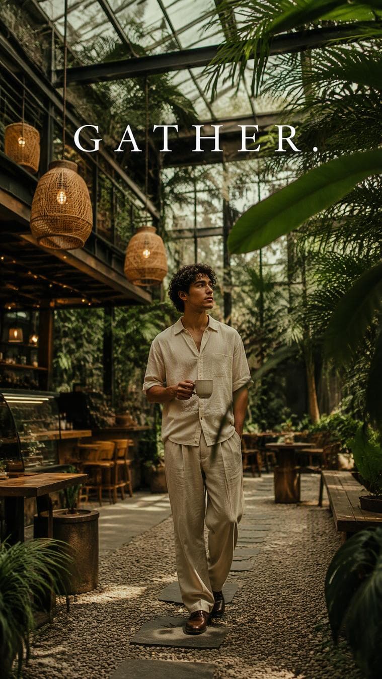 Premium editorial campaign.Main Subject: Young man standing inside a greenhouse cafe.Creative Direction: Glass ceilings, hanging lamps, and tropical foliage create layered depth.Pose: Holding a ceramic…