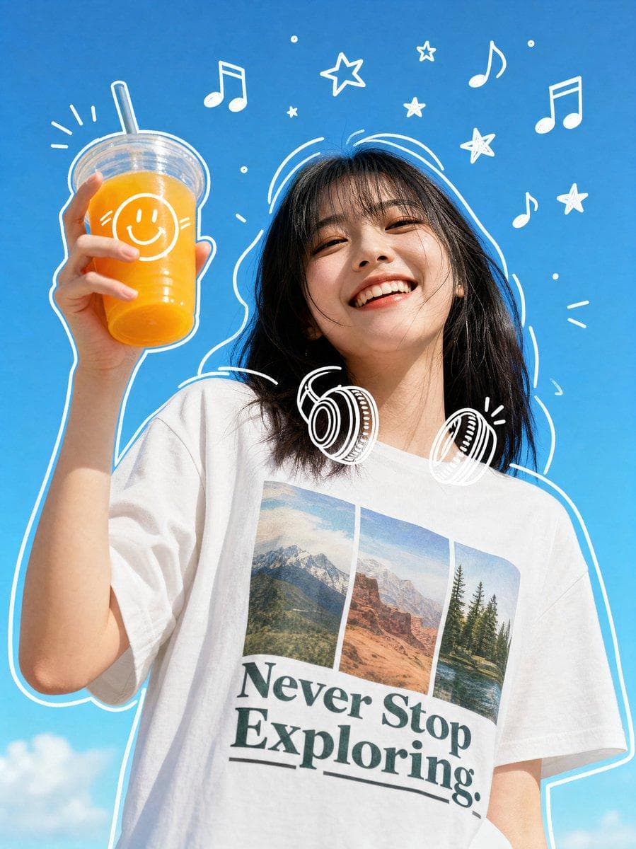 A medium low-angle shot of a joyful young woman with dark hair and straight bangs, smiling brightly against a vibrant, clear blue sky. She wears a white graphic t-shirt featuring three landscape panels. In her right hand, she holds up a clear plastic cup filled with bright orange juice, featuring a white hand-drawn doodle of a smiley face on the side. Whimsical, hand-drawn white digital doodles are overlaid around her: stylized headphones rest around her neck…