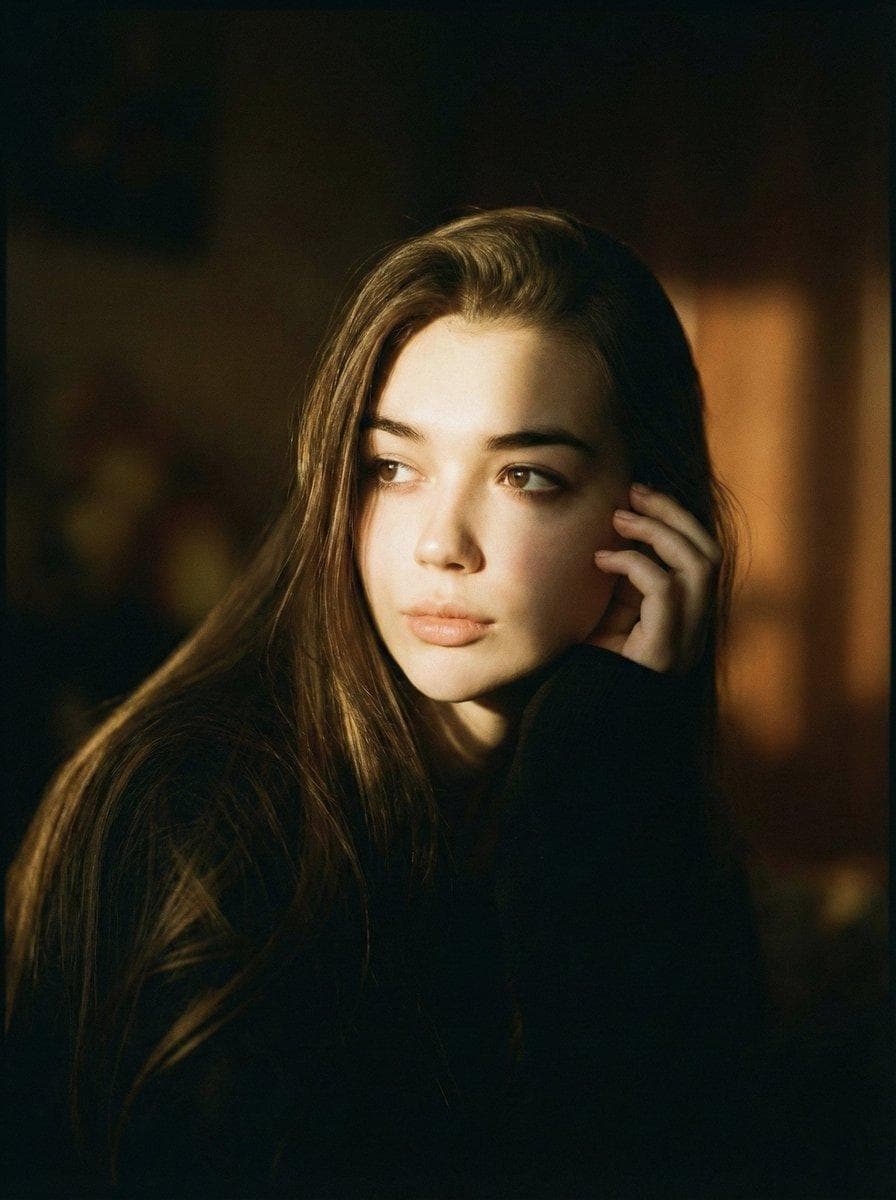A cinematic portrait of a person is sitting in soft dramatic lighting. The face is partly lit with warm golden sunlight coming from the side, creating deep shadows and a moody atmosphere. The expression is thoughtful and dreamy, with the hand resting near the face. The background is…