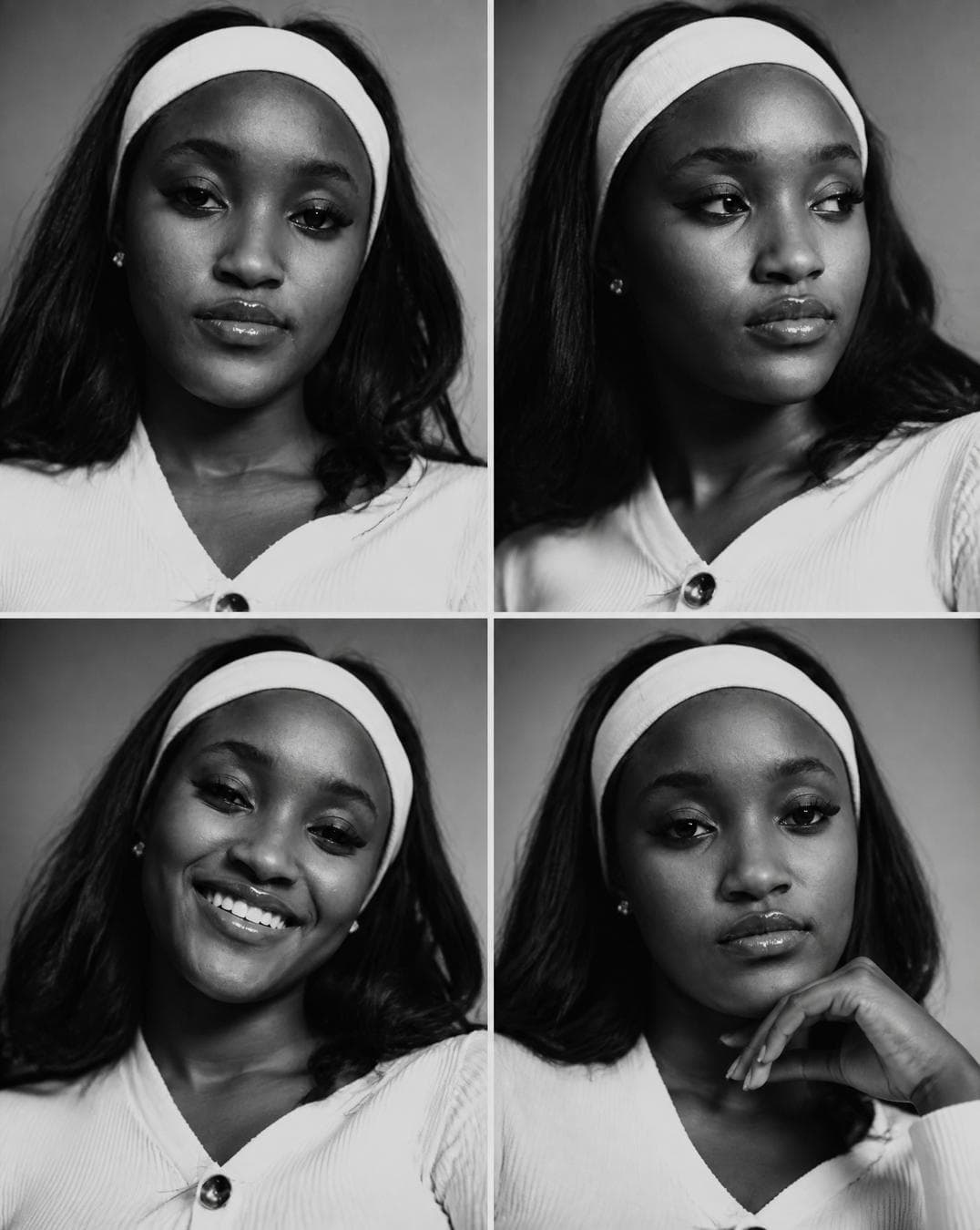 Black-and-white fashion casting contact sheet of [Human] with [Hair], arranged in a clean 2x2 grid of four close portrait frames against [Background], wearing [Clothing] and [Accessory]. Each frame shows a different expression and angle: [Expressions]. Soft studio lighting, crisp monochrome contrast, natural skin texture, visible facial details, clean plain…