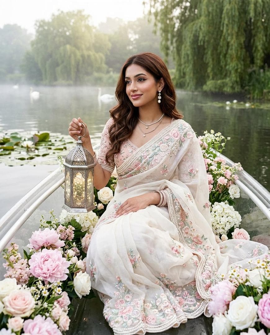 Keep Facial Features Same, use the uploaded face with 100% exact identity preservation. Create a single ultra-luxury Vogue fairytale editorial portrait of the same young South Asian woman seated gracefully inside a crystal-clear transparent glass boat floating on a calm mirror-like lake surrounded by dreamy morning mist. The boat is lavishly filled with thousands of fresh blush-pink peonies, white roses, hydrangeas, baby's breath, soft wildflowers and scattered flower petals, creating a luxurious floating floral paradise. She sits elegantly with one leg softly folded, gently holding an ornate antique silver lantern glowing with warm fairy lights while her other hand delicately gathers the flowing saree pleats, looking slightly away from the camera with a peaceful romantic smile. She wears a breathtaking ivory-white organza silk saree featuring delicate pastel floral embroidery, pearl handwork, crystal bead detailing, shimmering silver zari borders and naturally flowing couture pleats, paired with a premium blush-pink embroidered designer blouse with refined tailoring. Her long silky butterfly-cut chocolate-brown hair flows in luxurious soft waves with delicate face-framing strands gently moving in the breeze. Ultra-creamy luminous Korean glass skin, crystal sapphire-blue eyes, hydrated dewy finish, realistic skin pores, velvety smooth texture, bright soft facial spotlight, Douyin luxury makeup, feathered brows, dramatic winged eyeliner, deep kajal, soft peach blush, glossy velvet rose-pink lips, tiny elegant black bindi. She wears elegant pearl-drop earrings, delicate layered necklace, graceful rings, crystal bangles and embroidered ivory sandals subtly visible beneath the saree. The enchanting background features a serene glassy lake, blooming water lilies, graceful white swans, lush willow trees, flowering branches, floating butterflies, golden morning sun rays filtering through soft mist, dreamy cottagecore atmosphere, realistic…